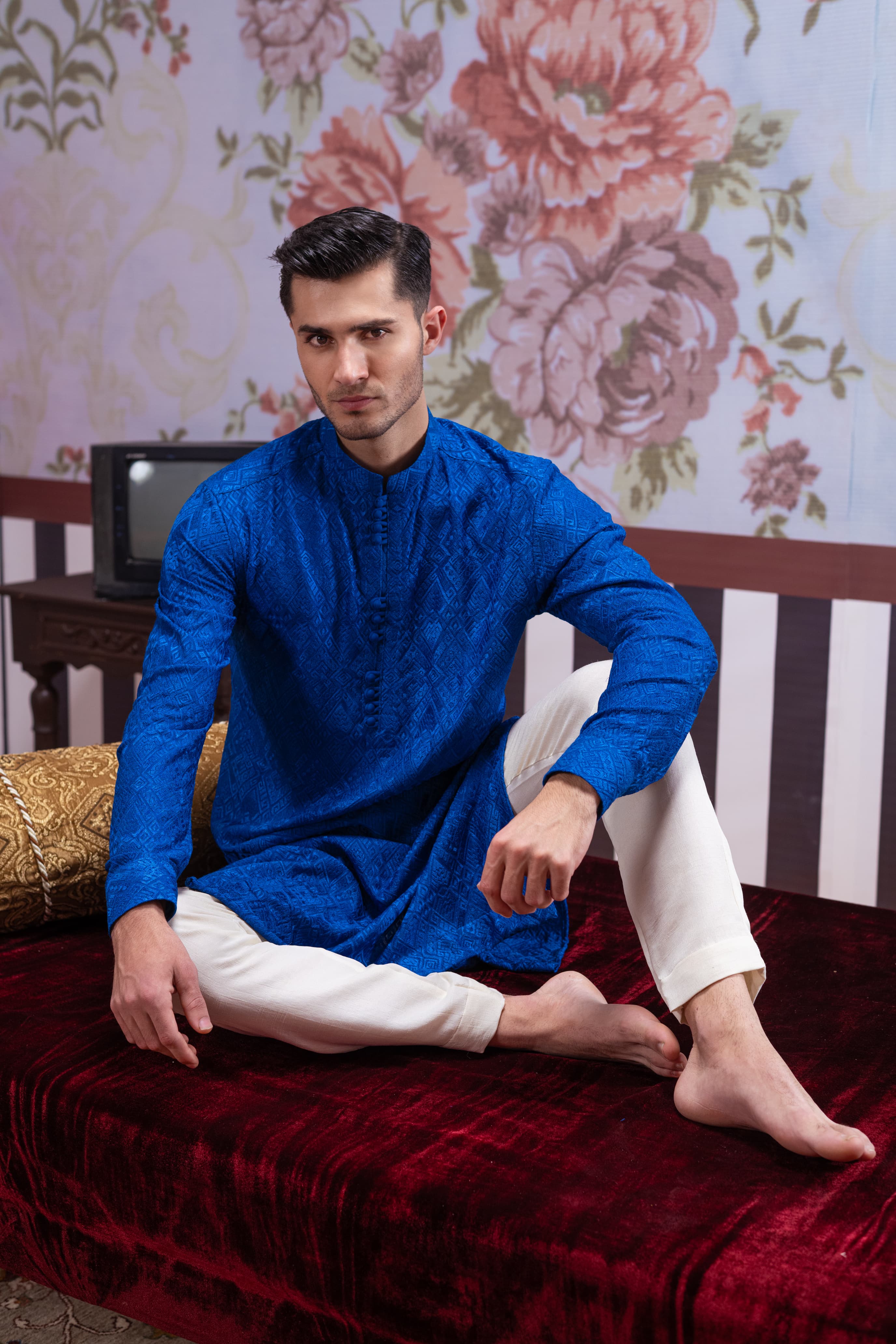 Muqabil - Azure Blue Embroidered Kurta Pajama