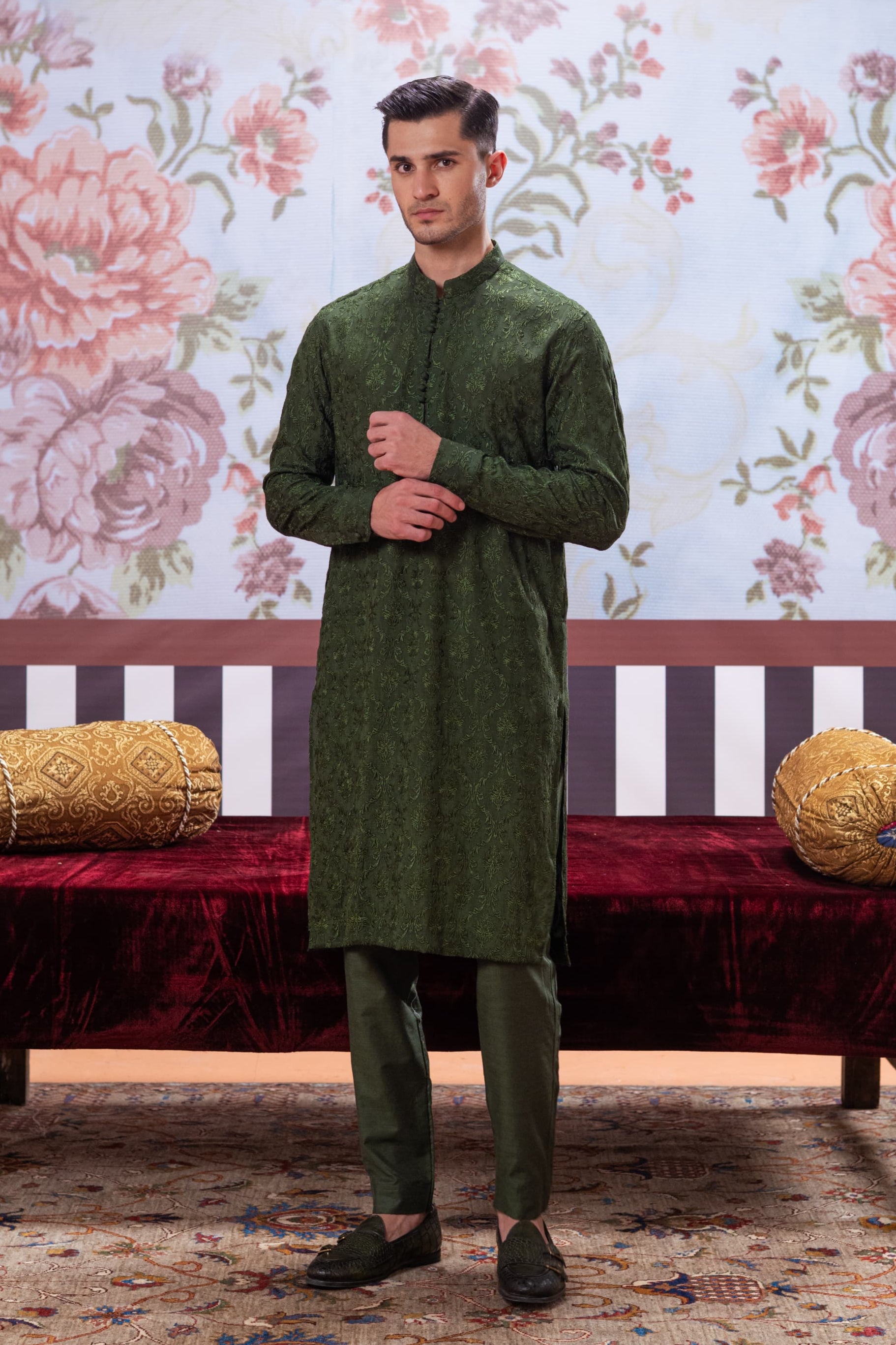 Muqabil - Pine Green Embroidered Kurta Pajama