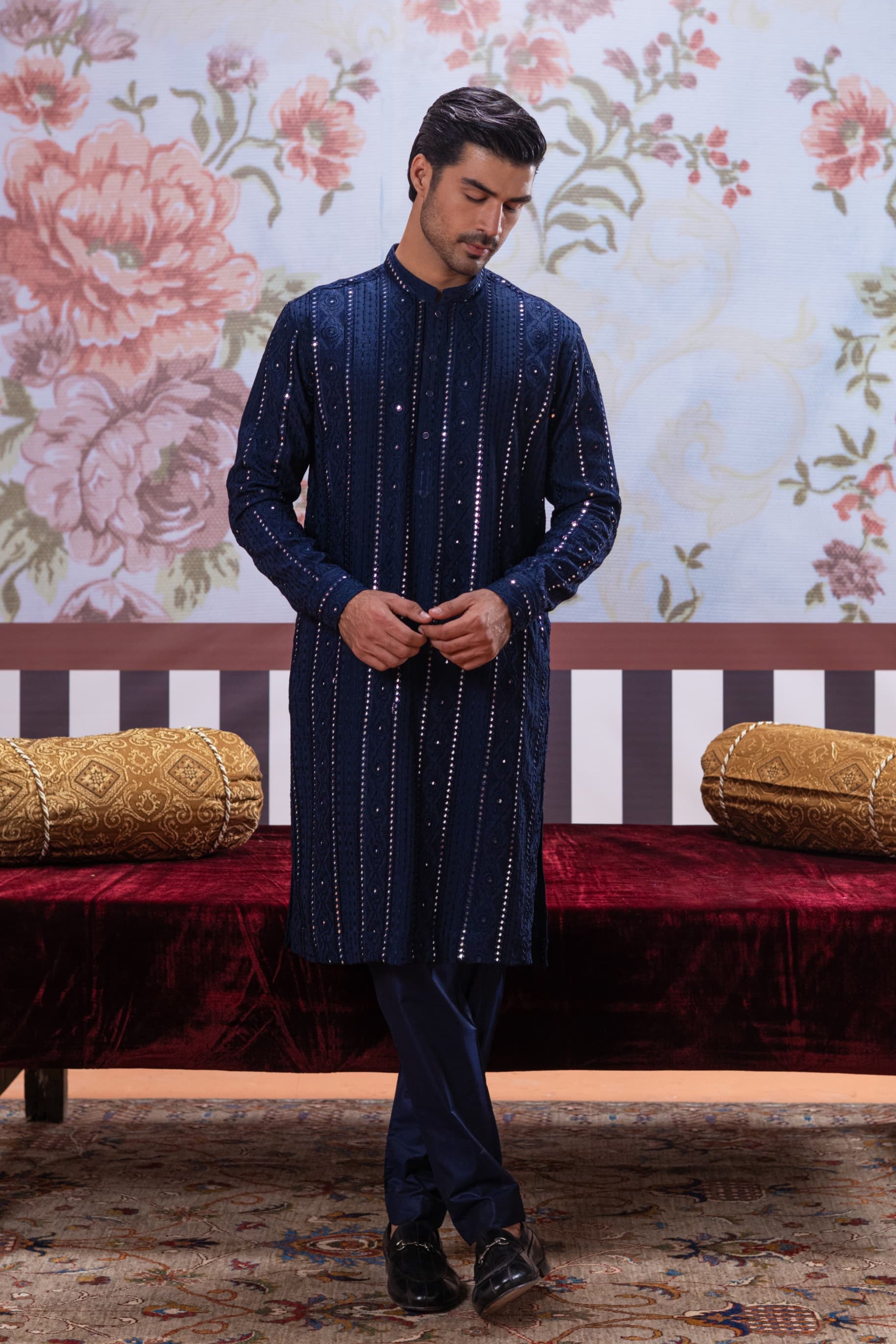 Muqabil - Indigo Blue Embroidered Kurta Pajama