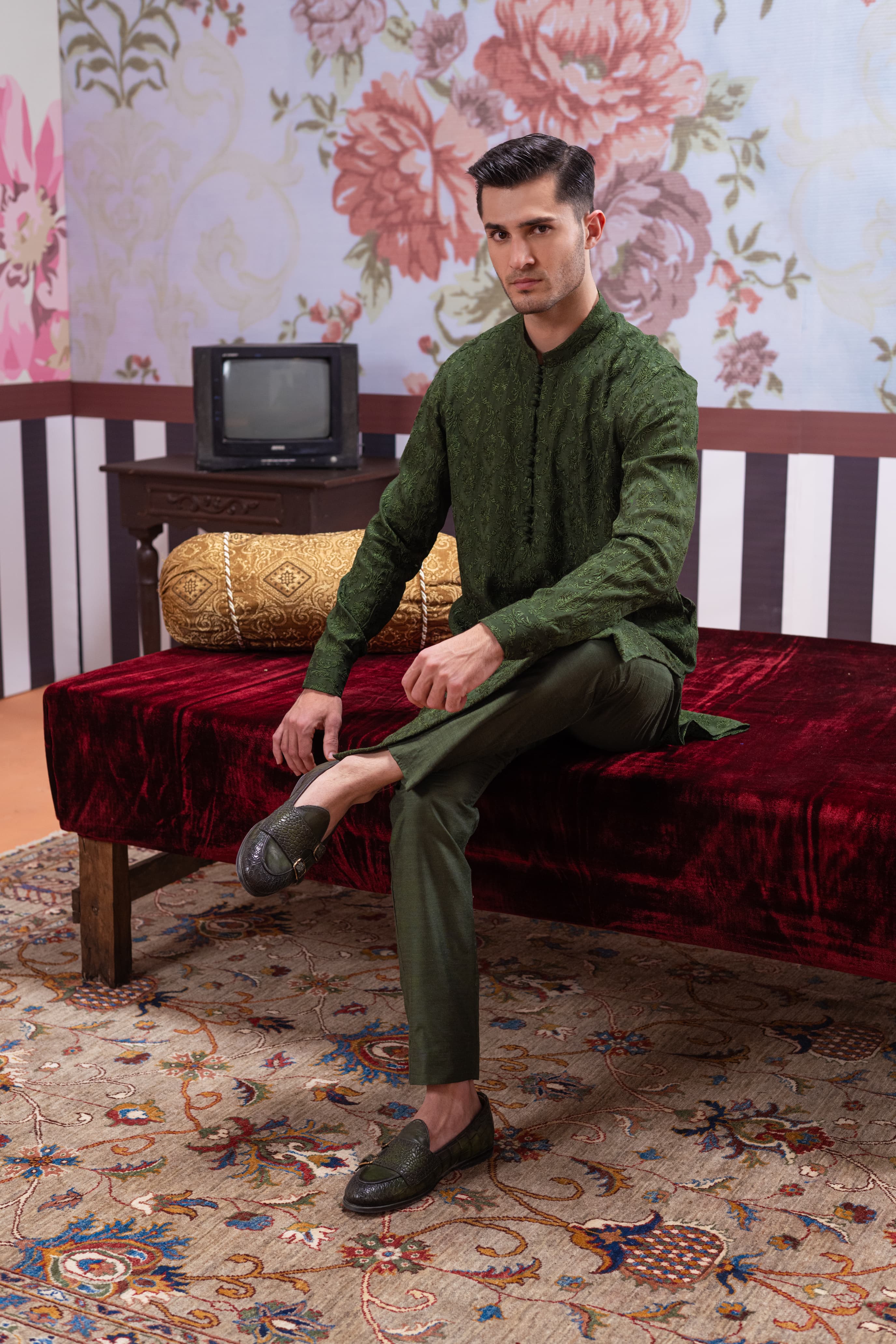 Muqabil - Pine Green Embroidered Kurta Pajama