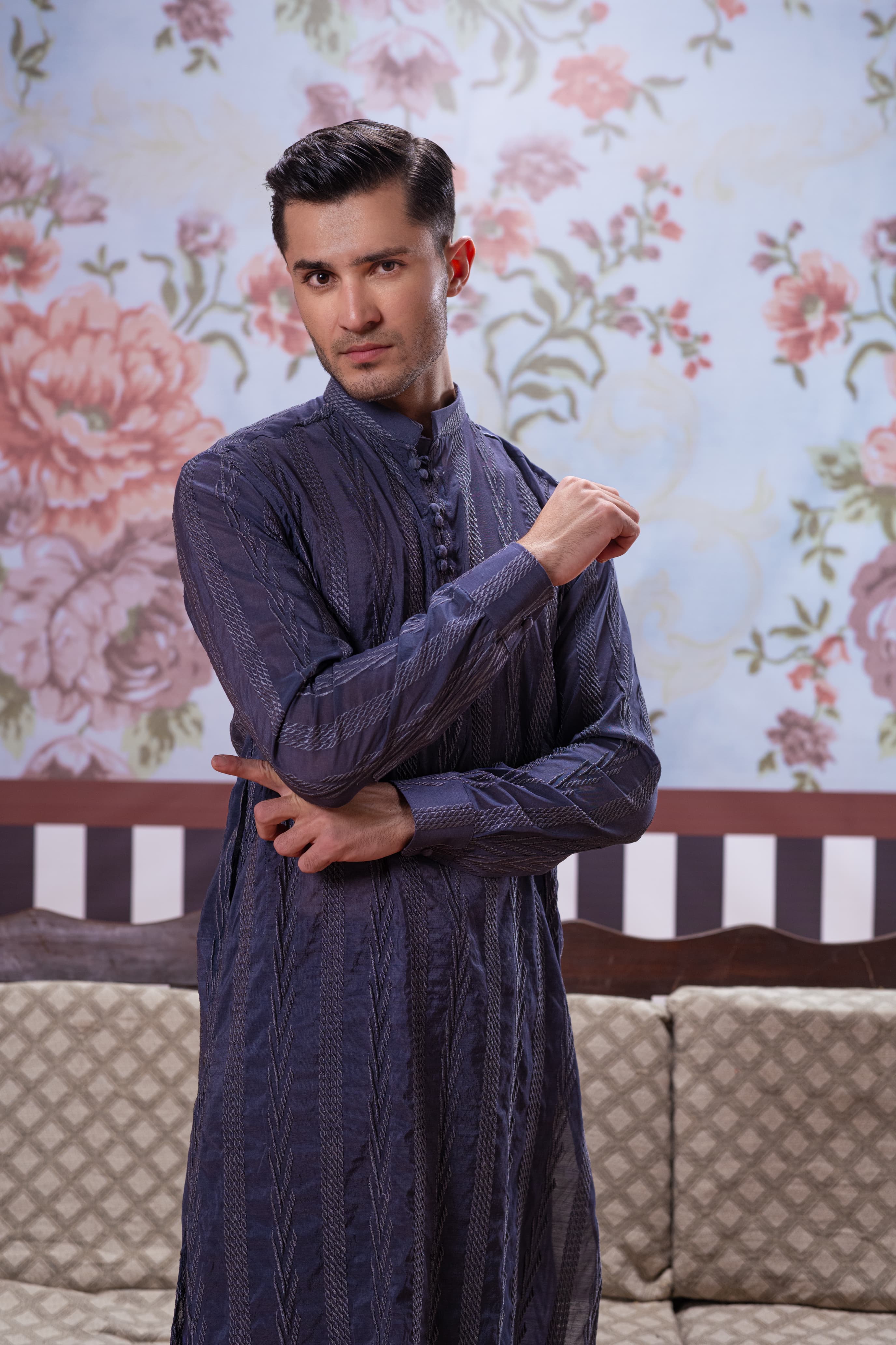 Muqabil - Space Blue Embroidered Kurta Pajama