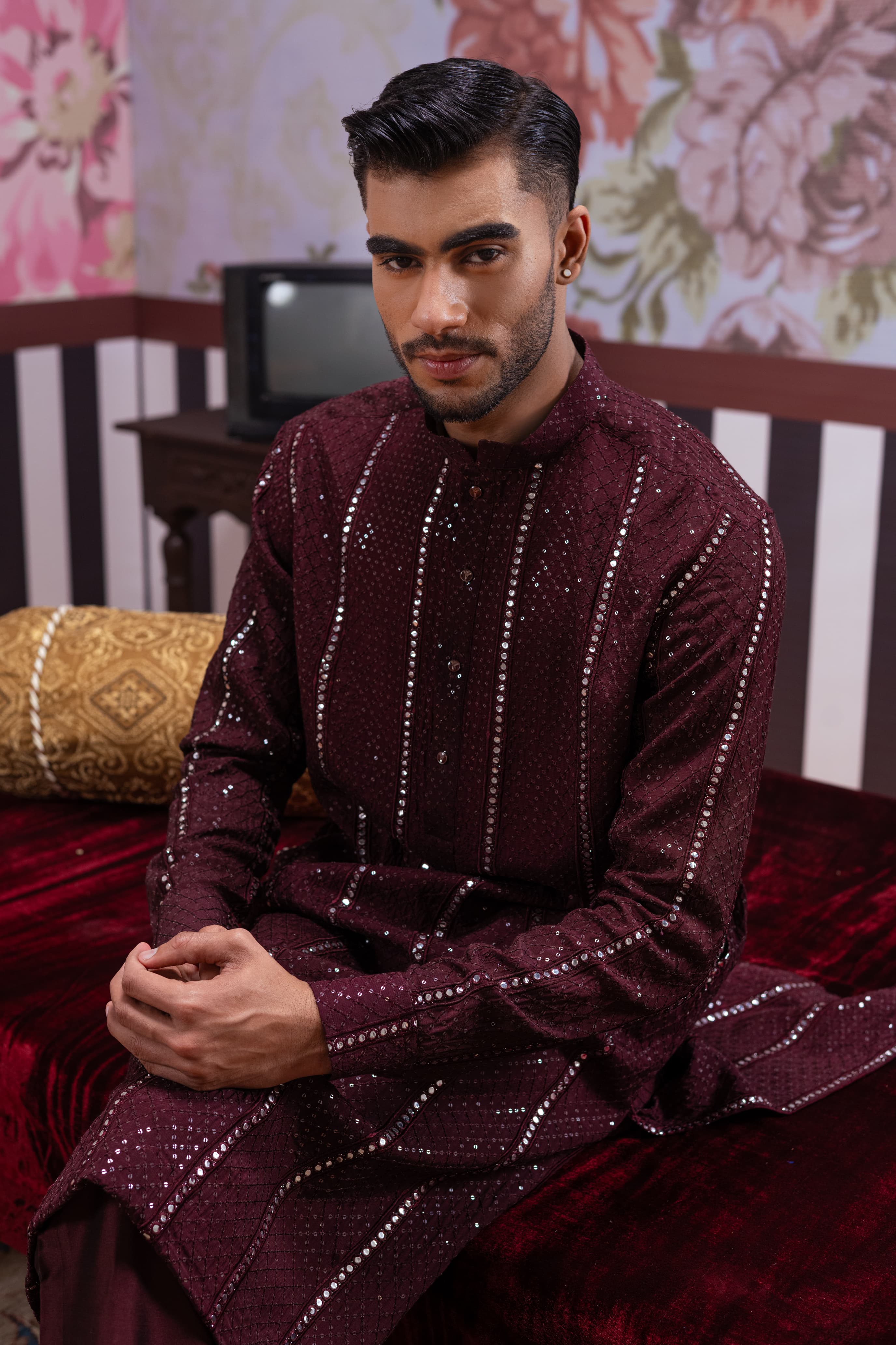 Muqabil - Burnt Maroon EMbroidered Kurta Pajama