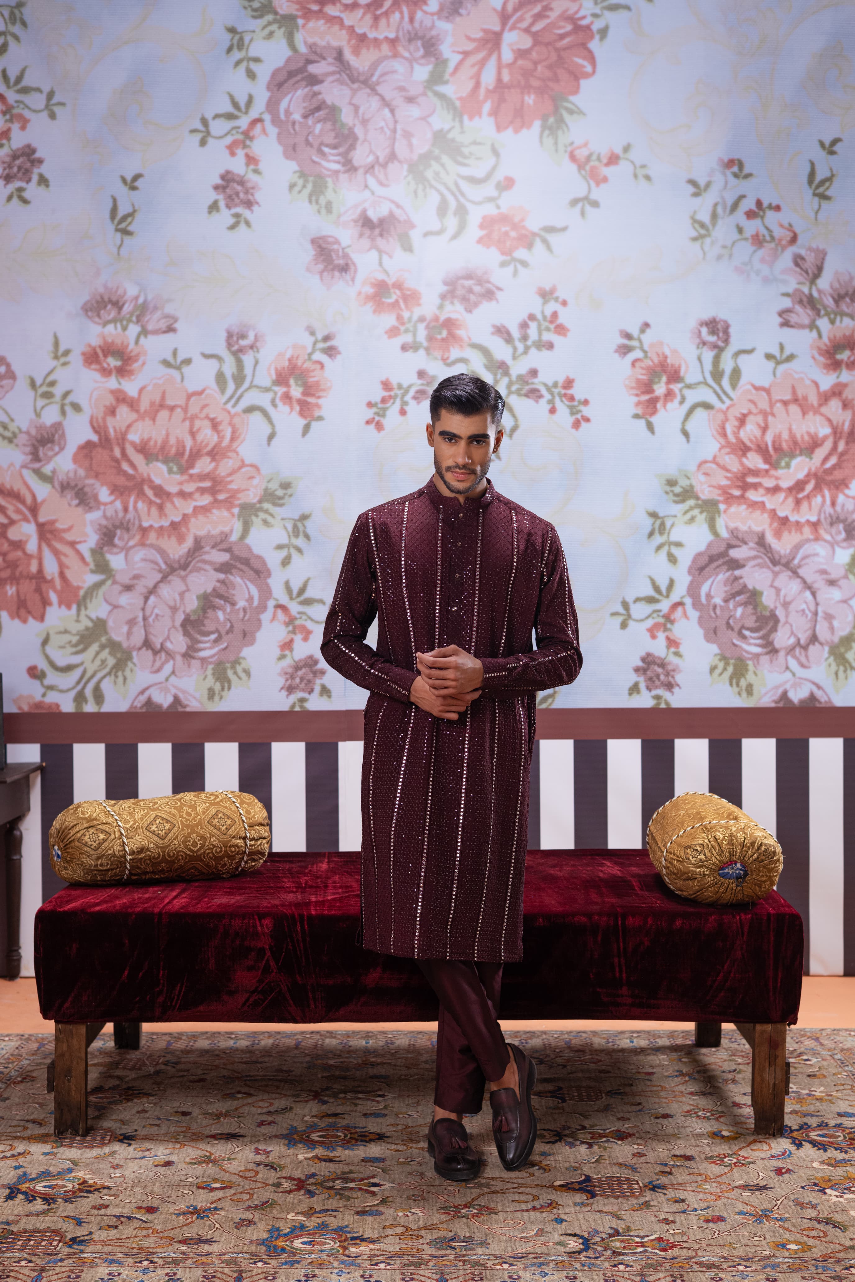 Muqabil - Burnt Maroon EMbroidered Kurta Pajama