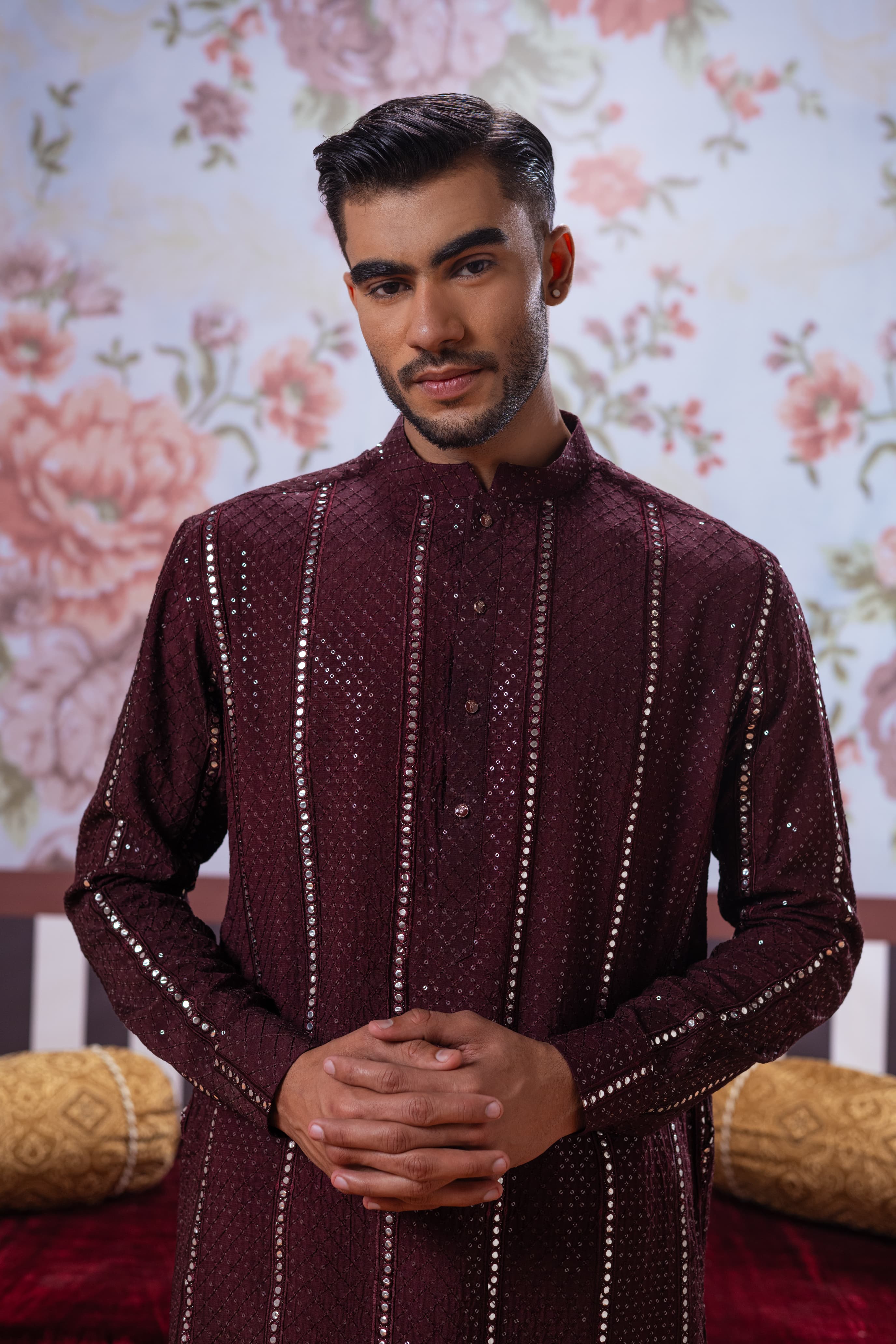 Muqabil - Burnt Maroon EMbroidered Kurta Pajama