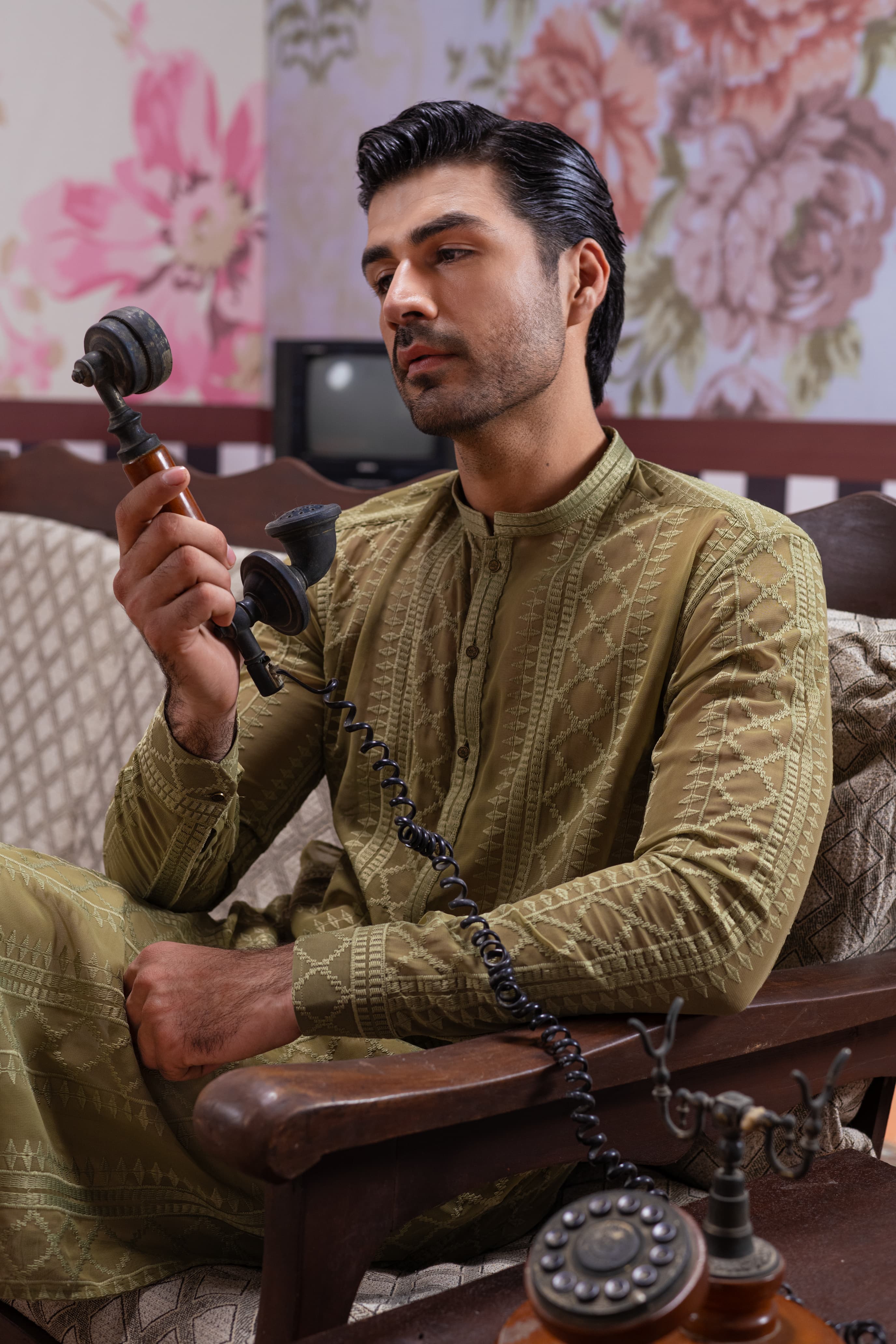 Muqabil - Army Green Embroidered Kurta Pajama