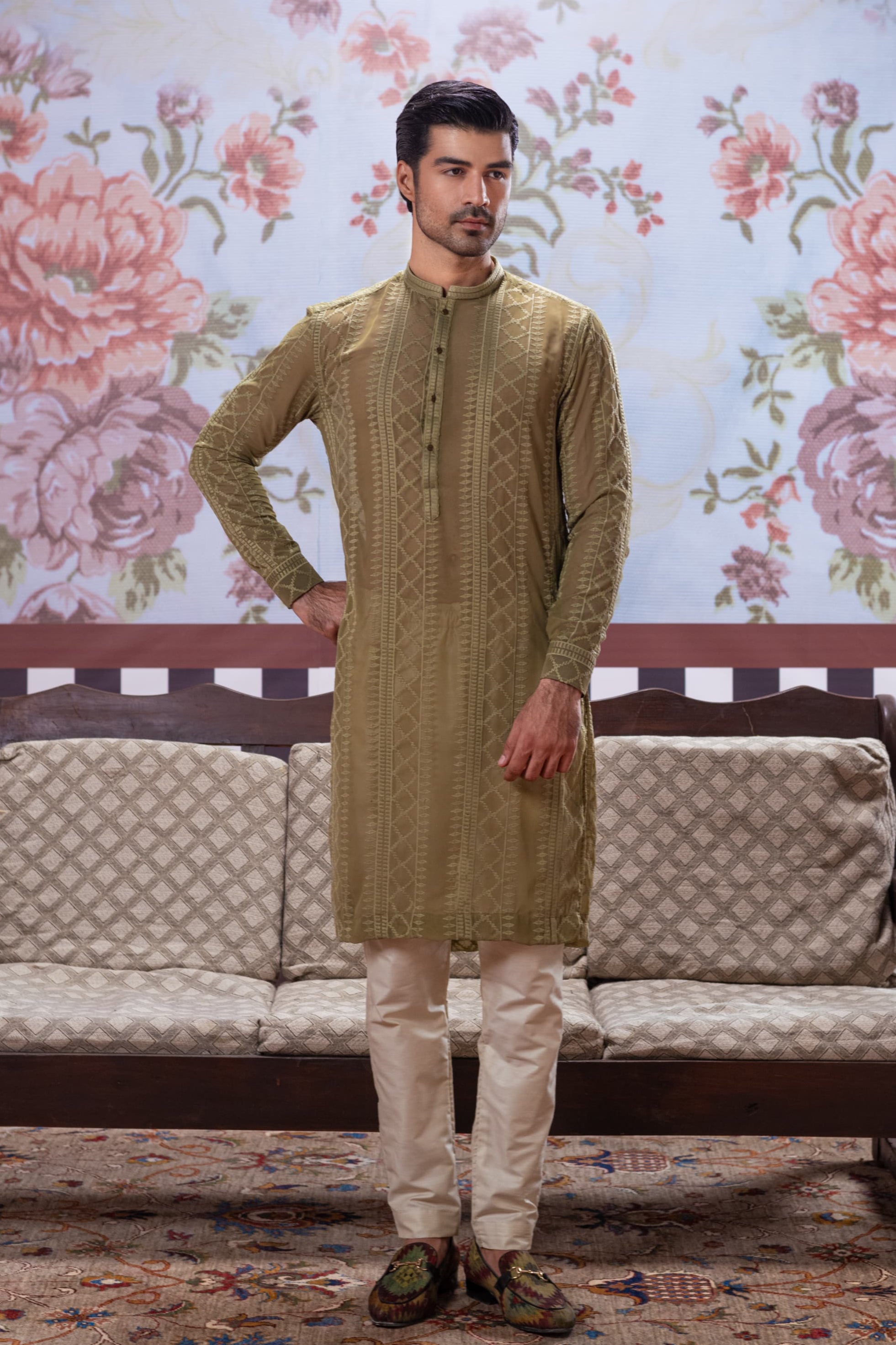 Muqabil - Army Green Embroidered Kurta Pajama
