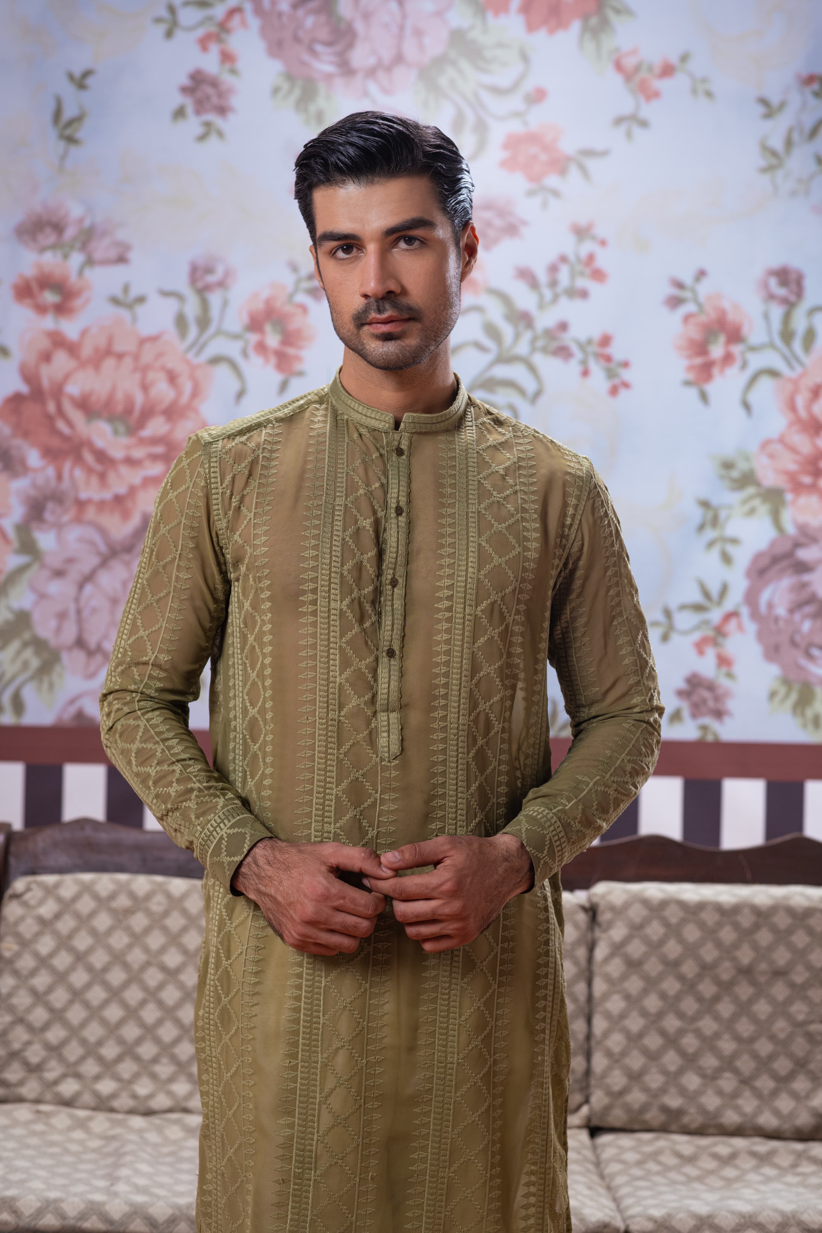 Muqabil - Army Green Embroidered Kurta Pajama