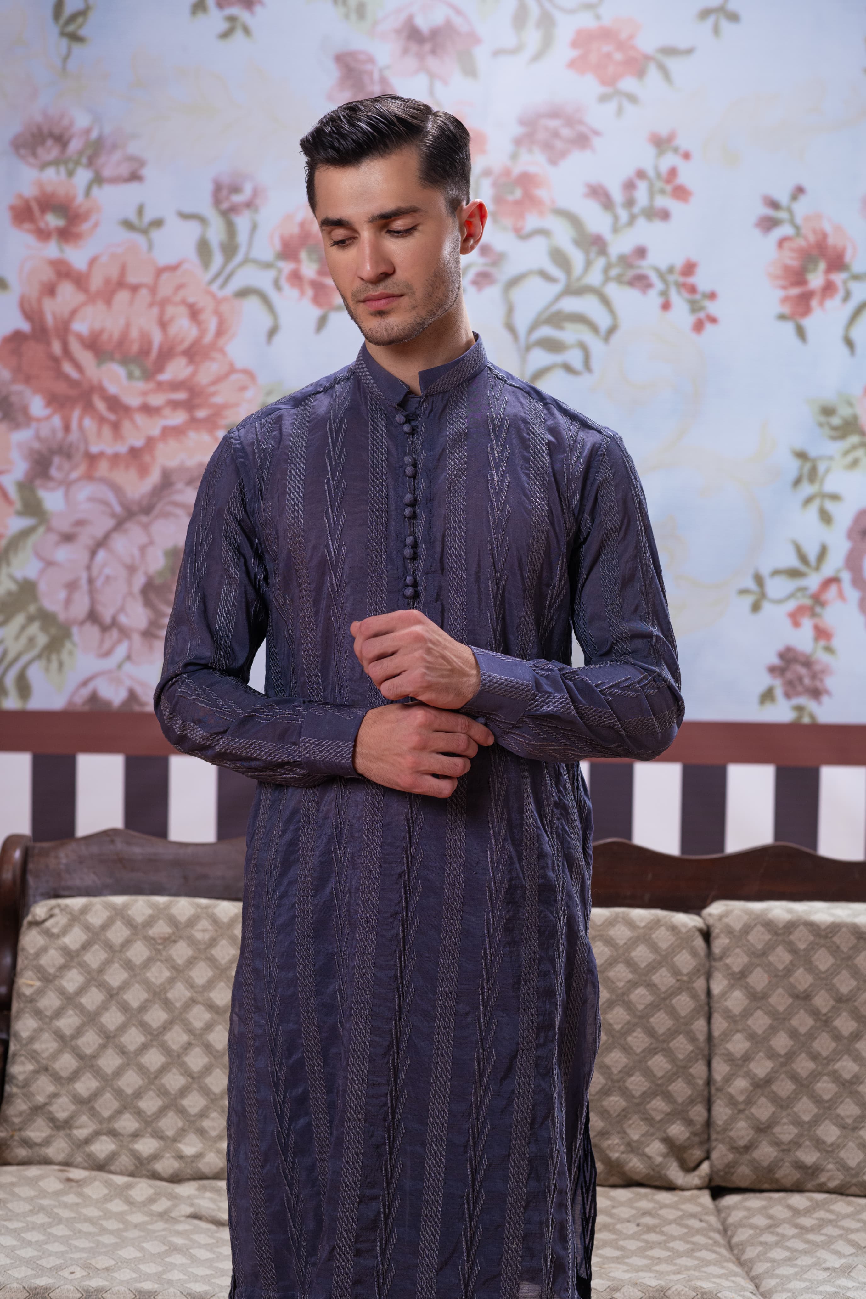 Muqabil - Space Blue Embroidered Kurta Pajama