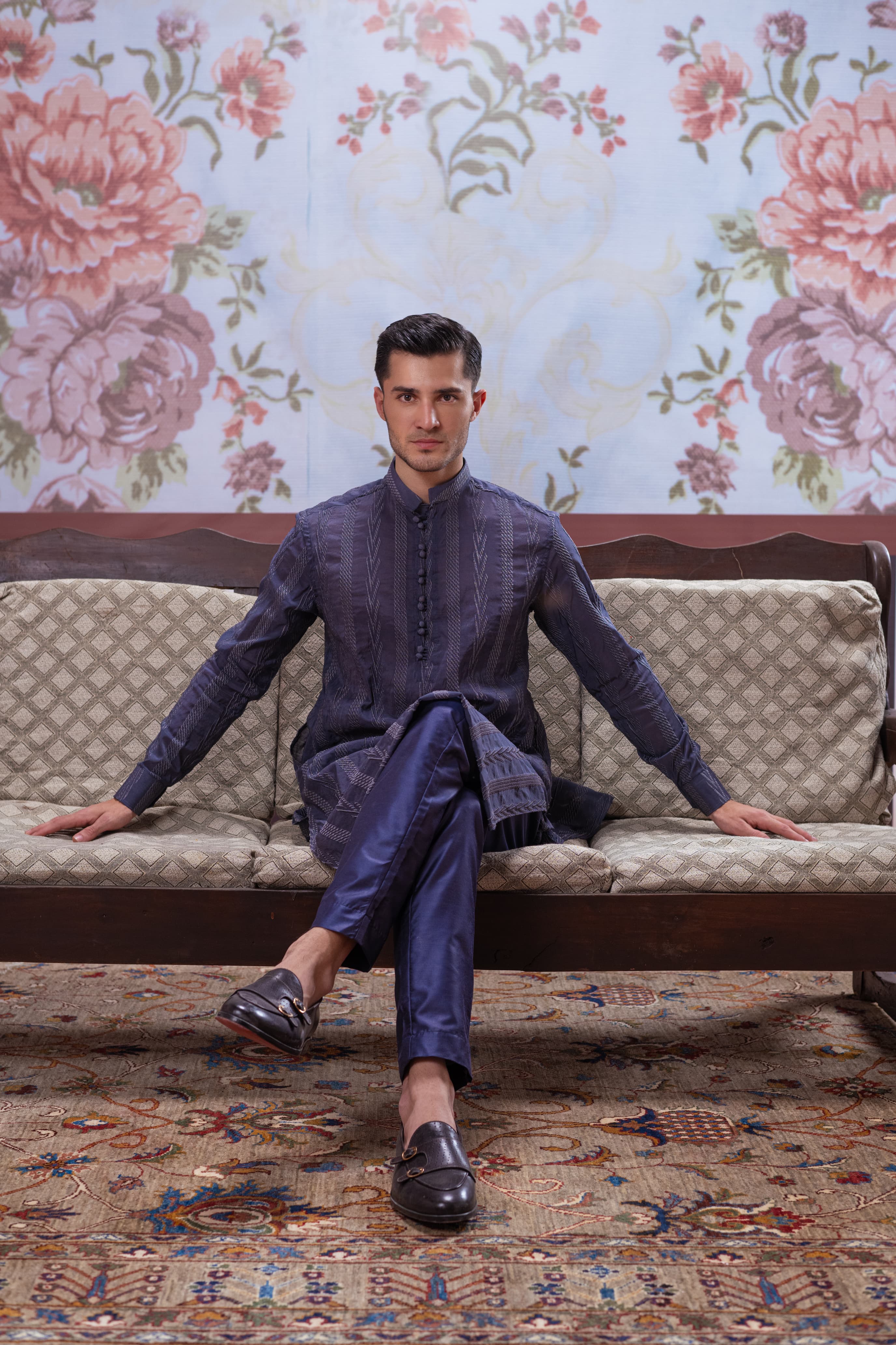Muqabil - Space Blue Embroidered Kurta Pajama