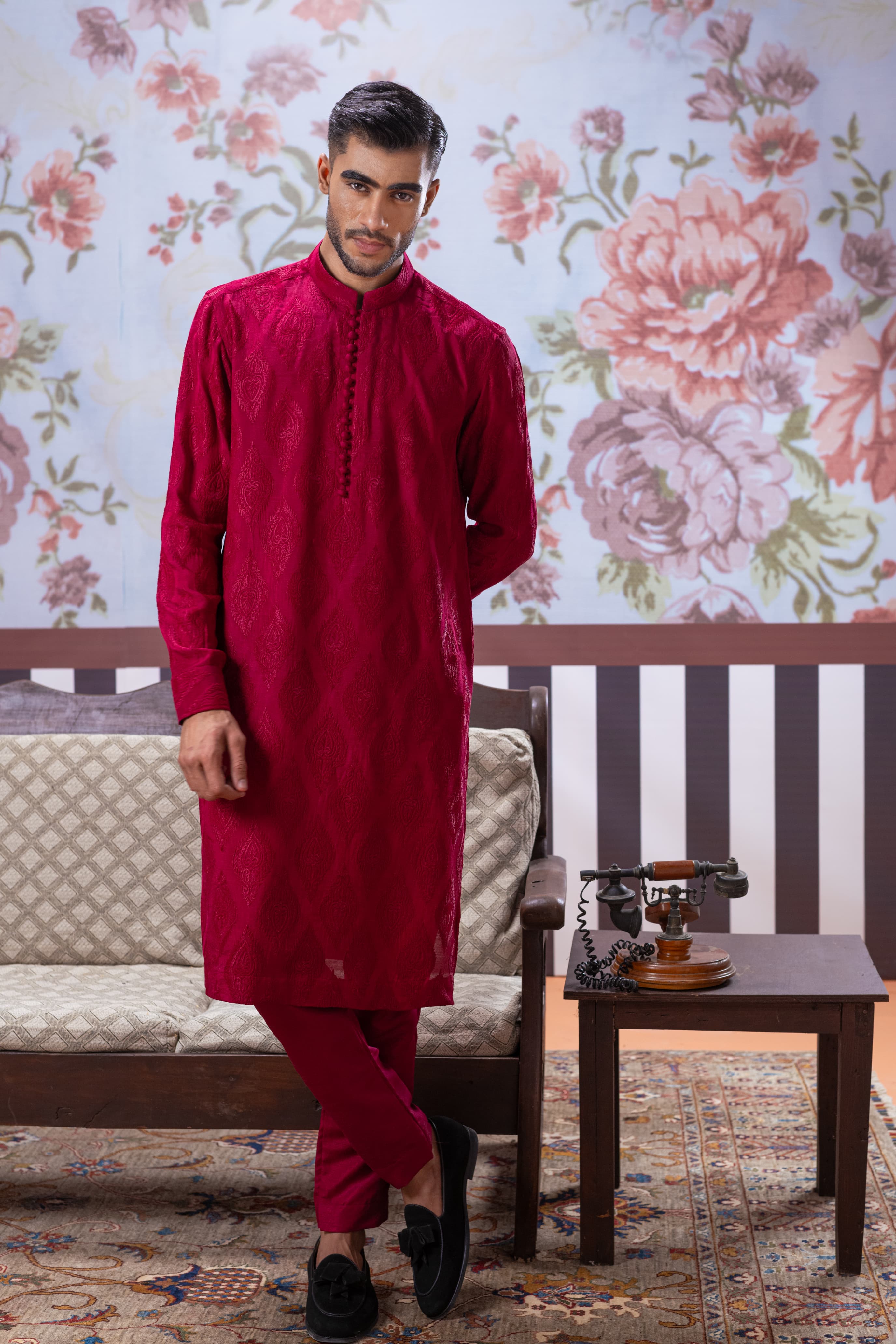 Muqabil - Scarlet Red Embroidered Kurta Pajama
