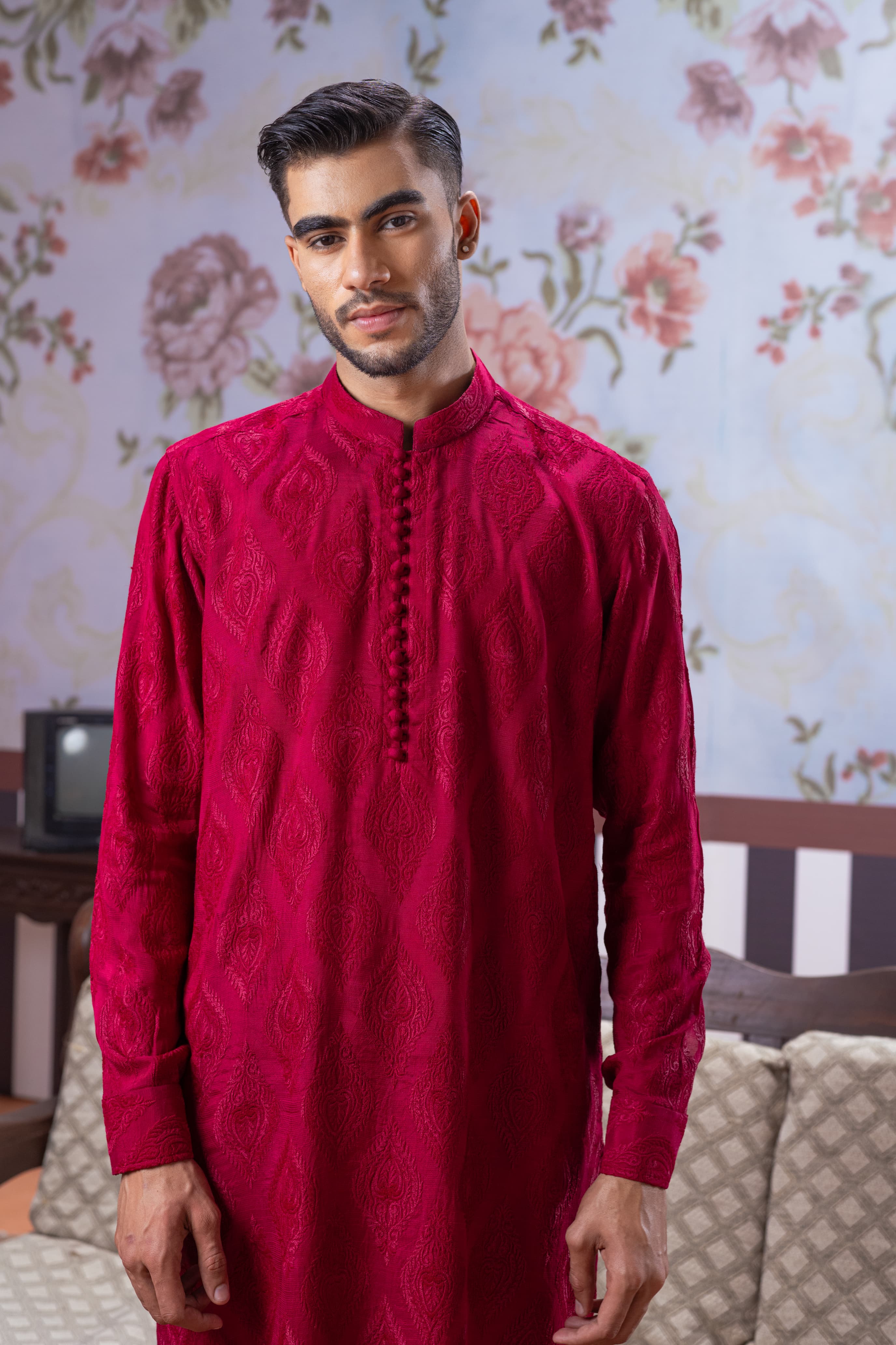 Muqabil - Scarlet Red Embroidered Kurta Pajama