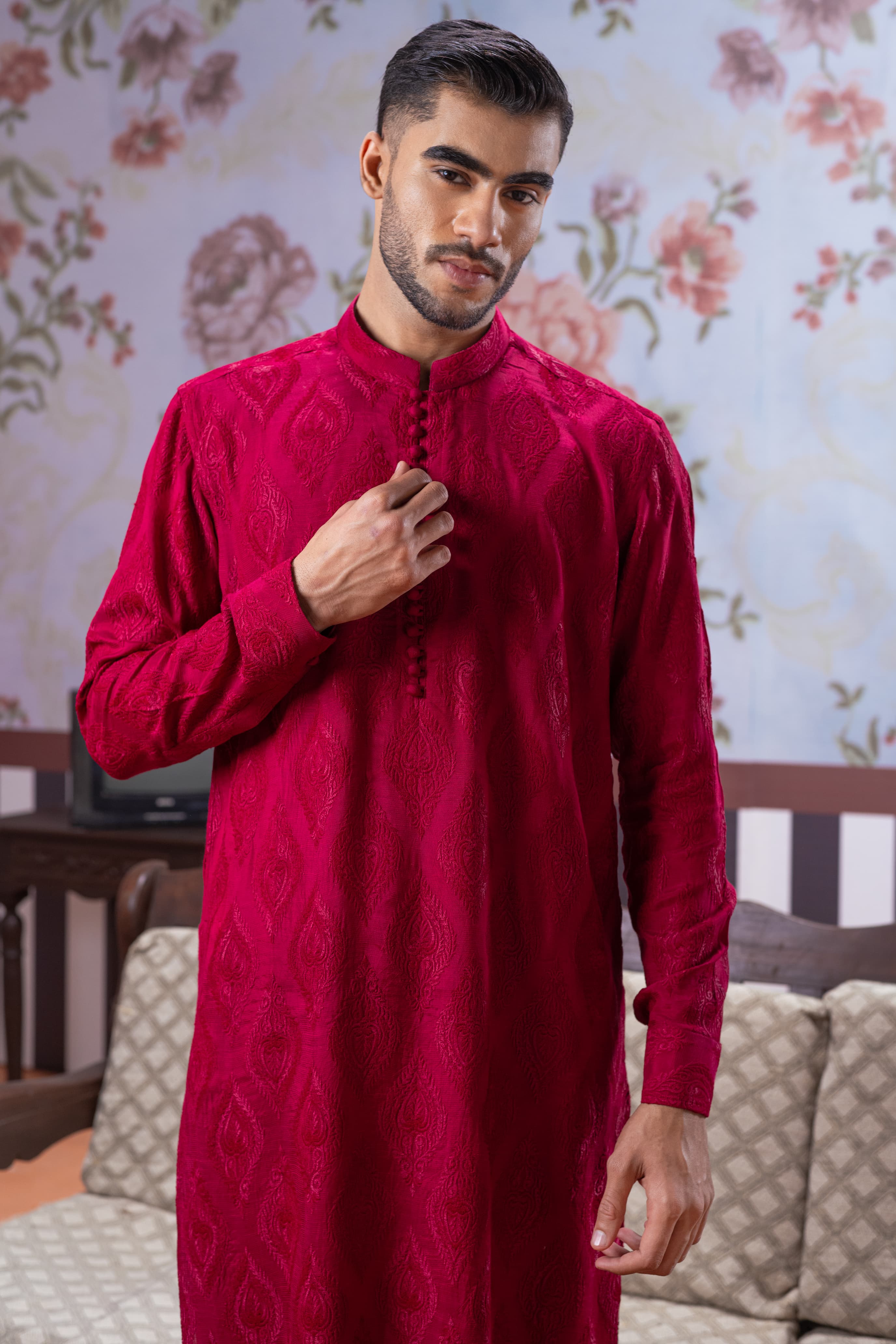 Muqabil - Scarlet Red Embroidered Kurta Pajama