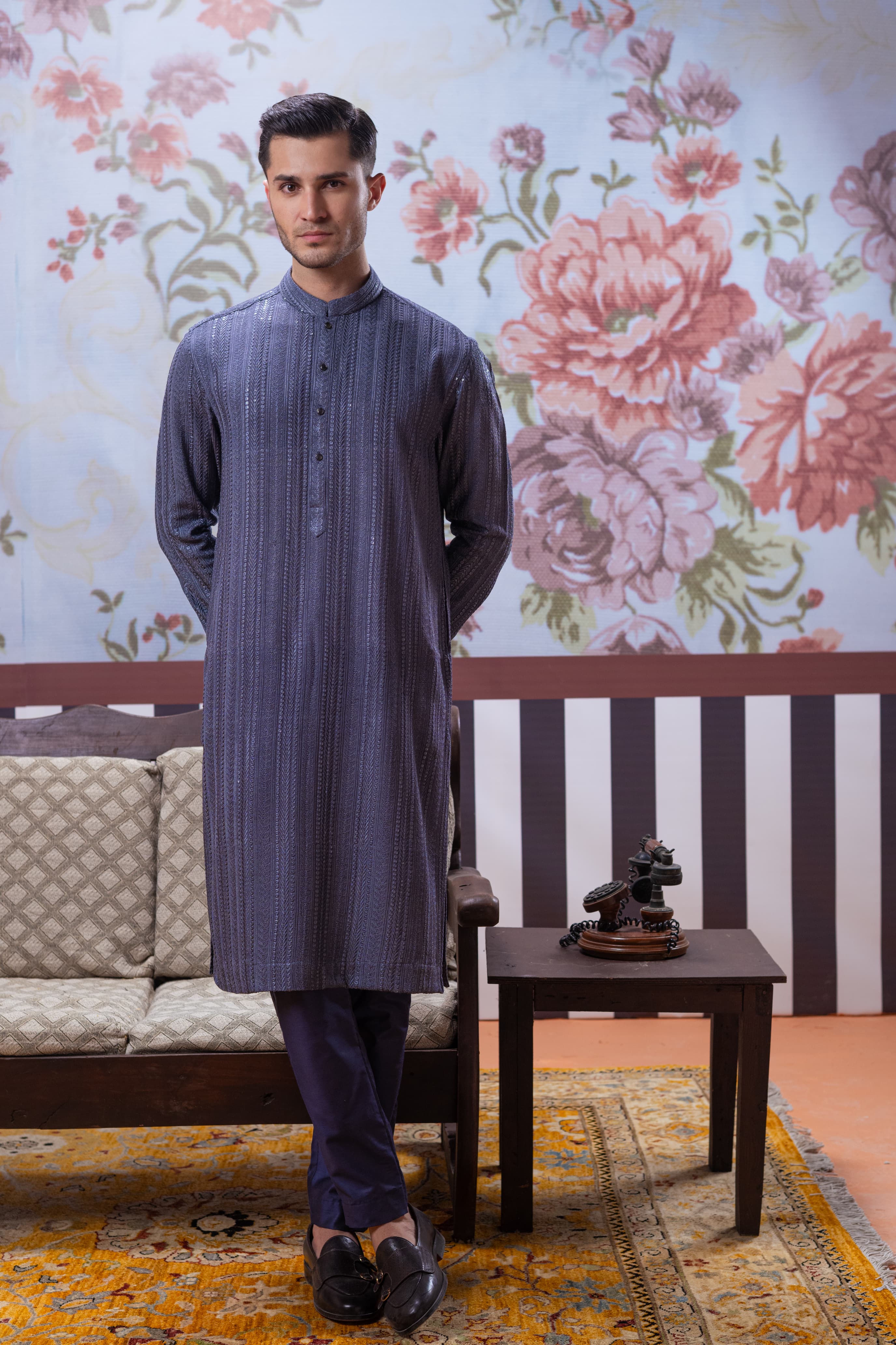 Muqabil - Echo Gray Embroidered Kurta Pajama