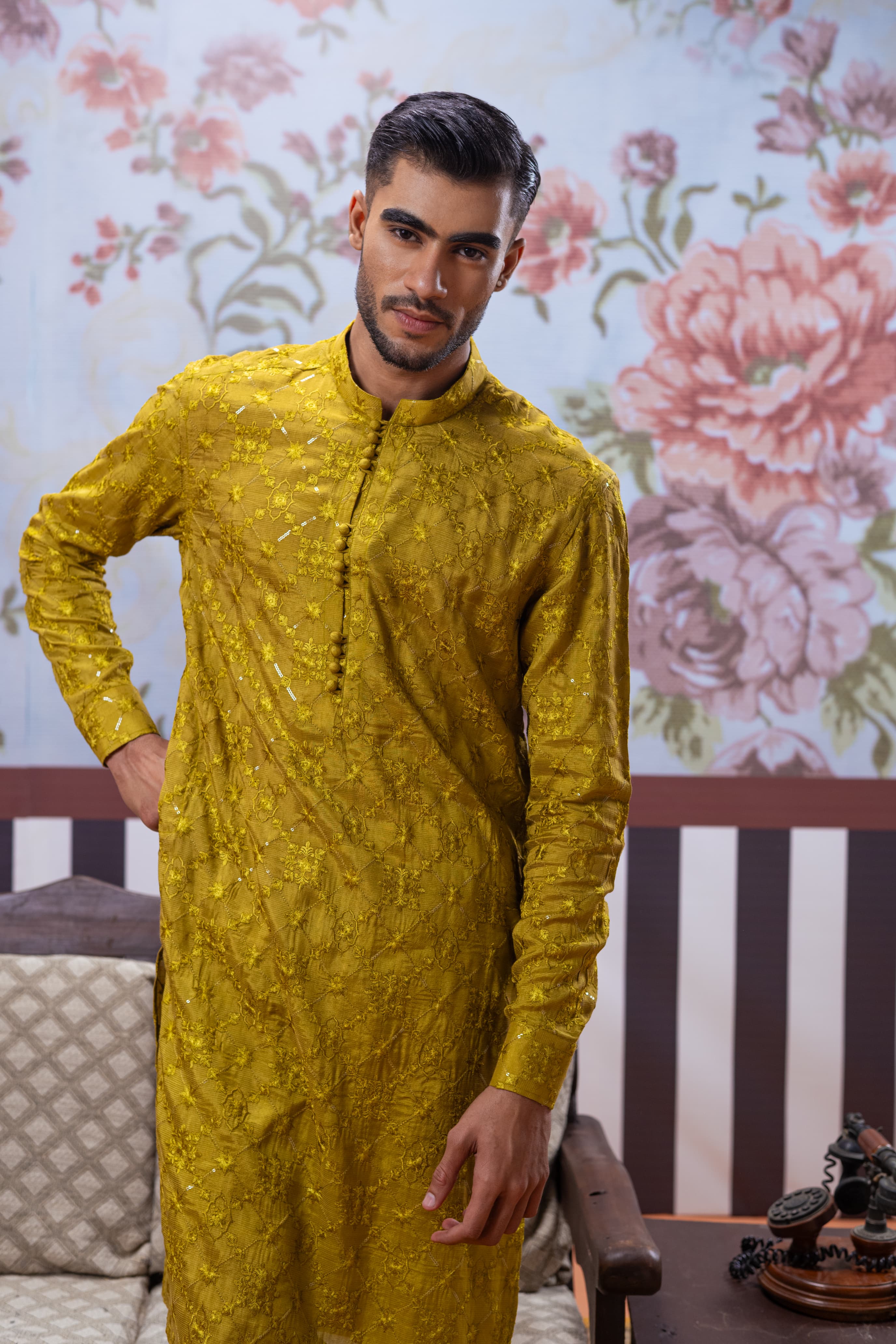 Muqabil - Mustard Embroidered Kurta Pajama