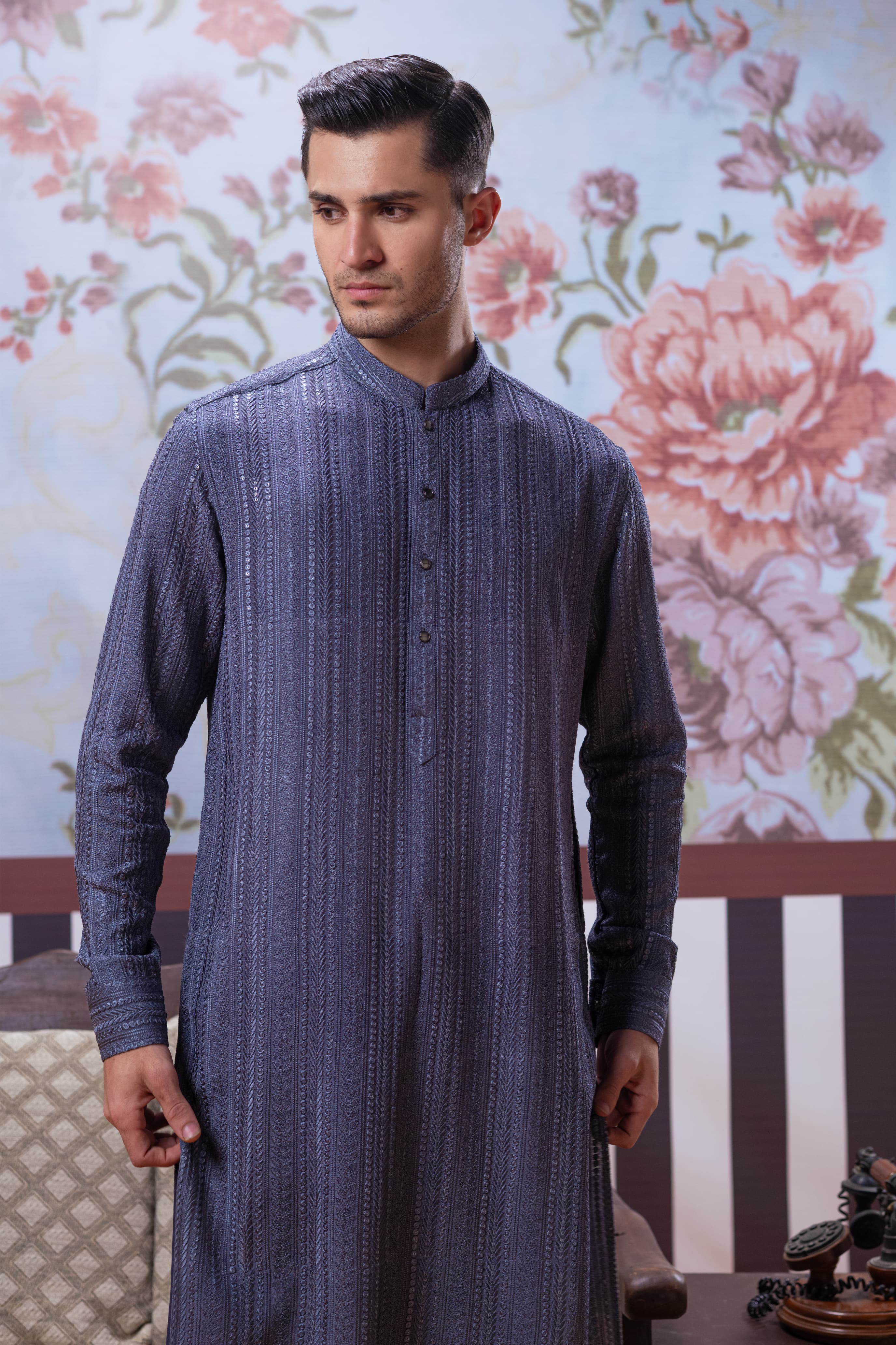 Muqabil - Echo Gray Embroidered Kurta Pajama