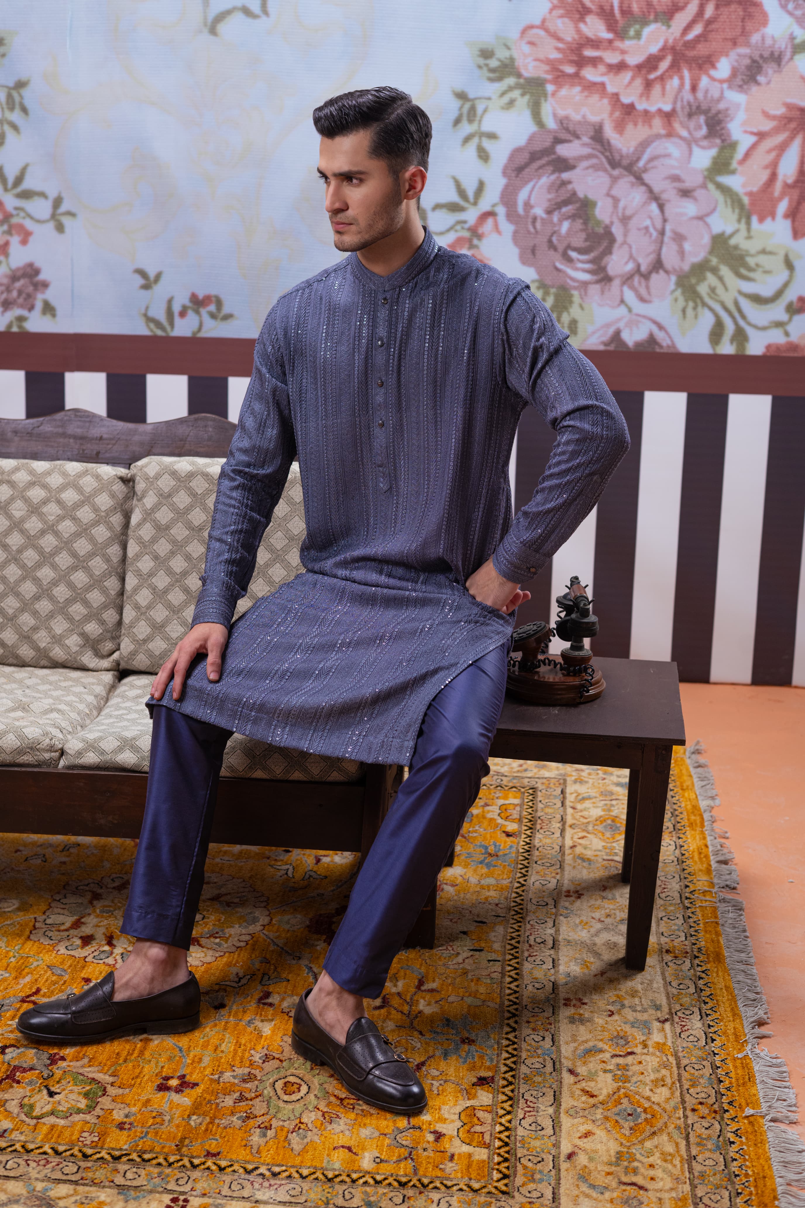 Muqabil - Echo Gray Embroidered Kurta Pajama