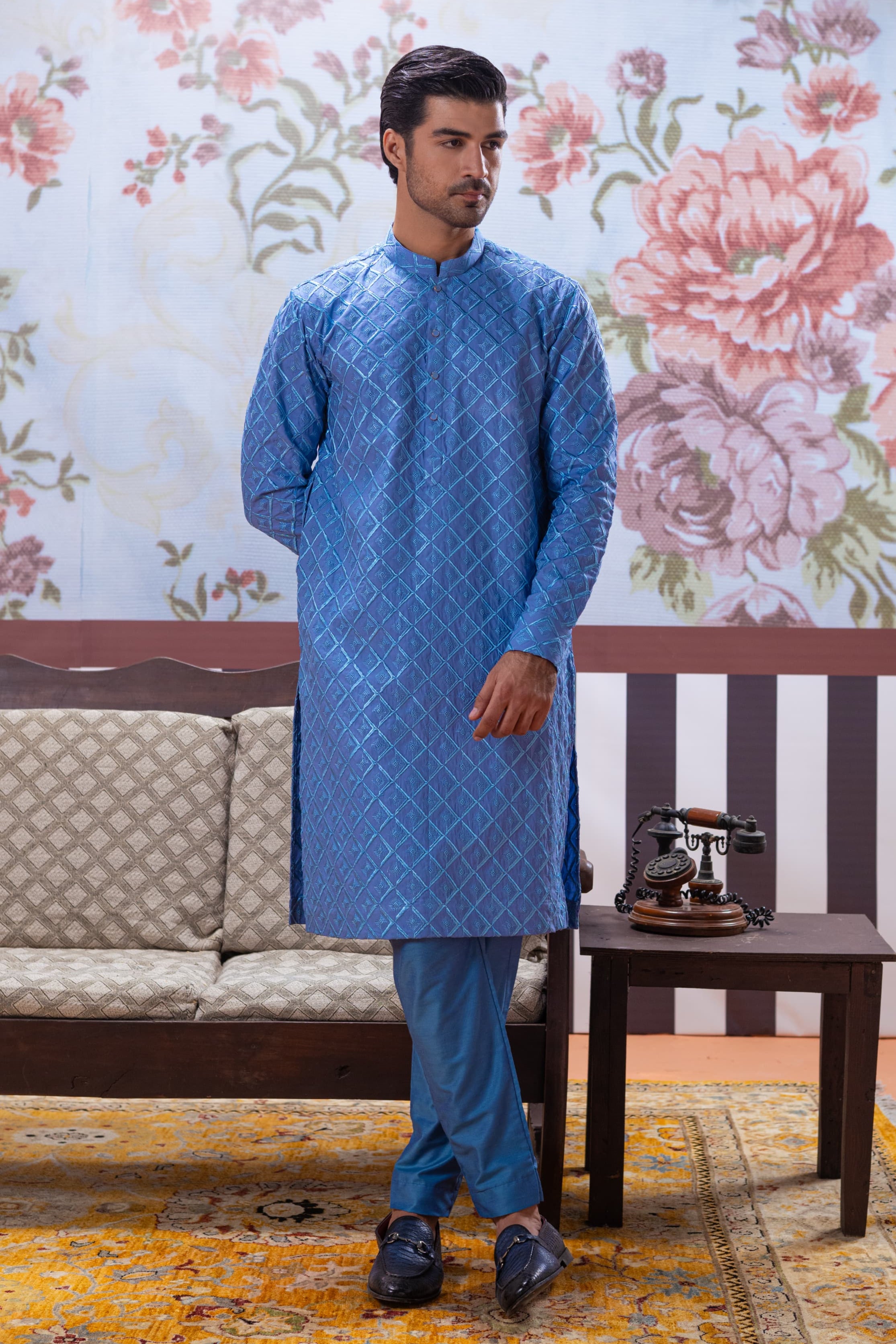 Muqabil - Ocean Blue Embroidered Kurta Pajama