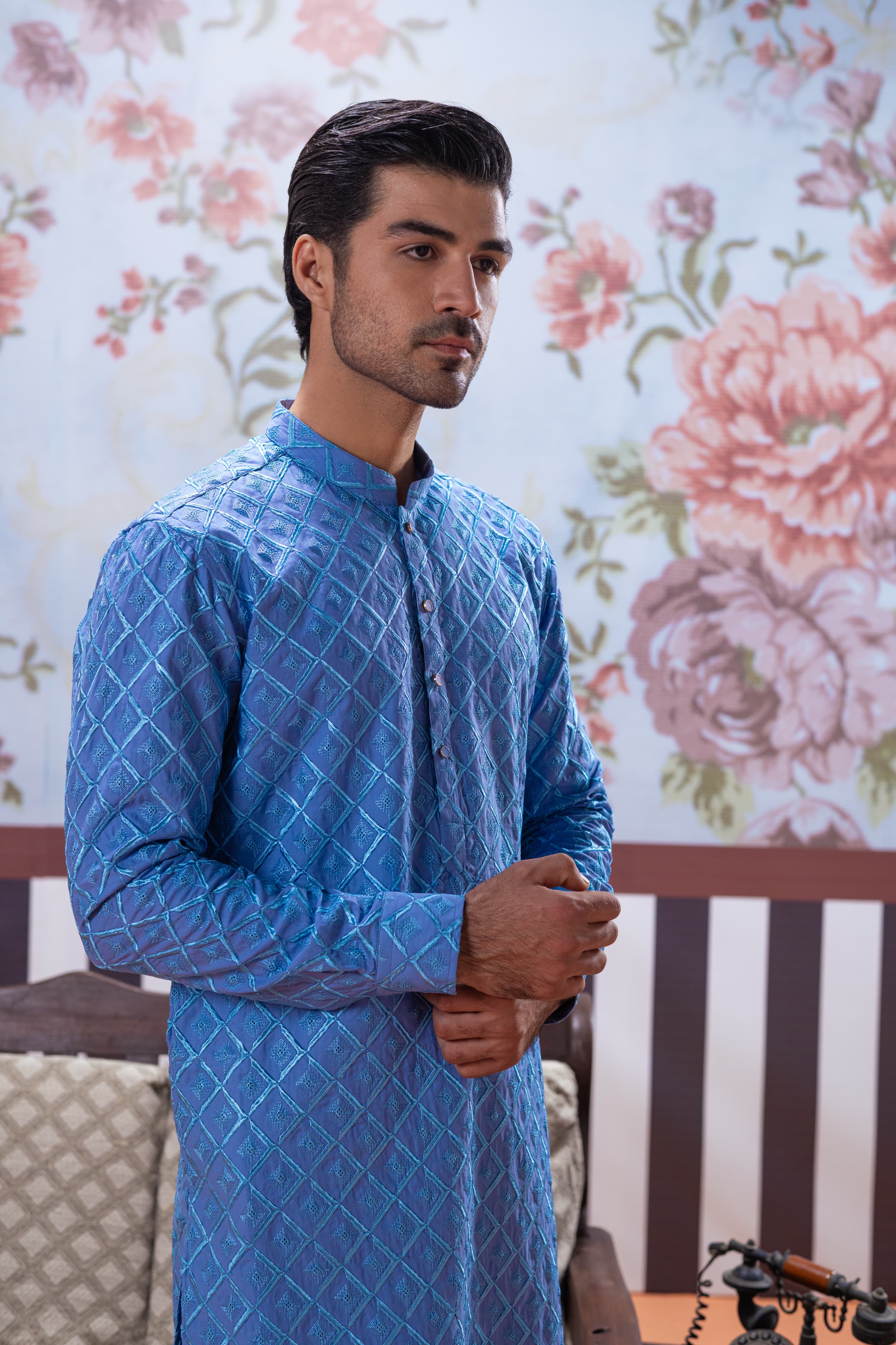Muqabil - Ocean Blue Embroidered Kurta Pajama