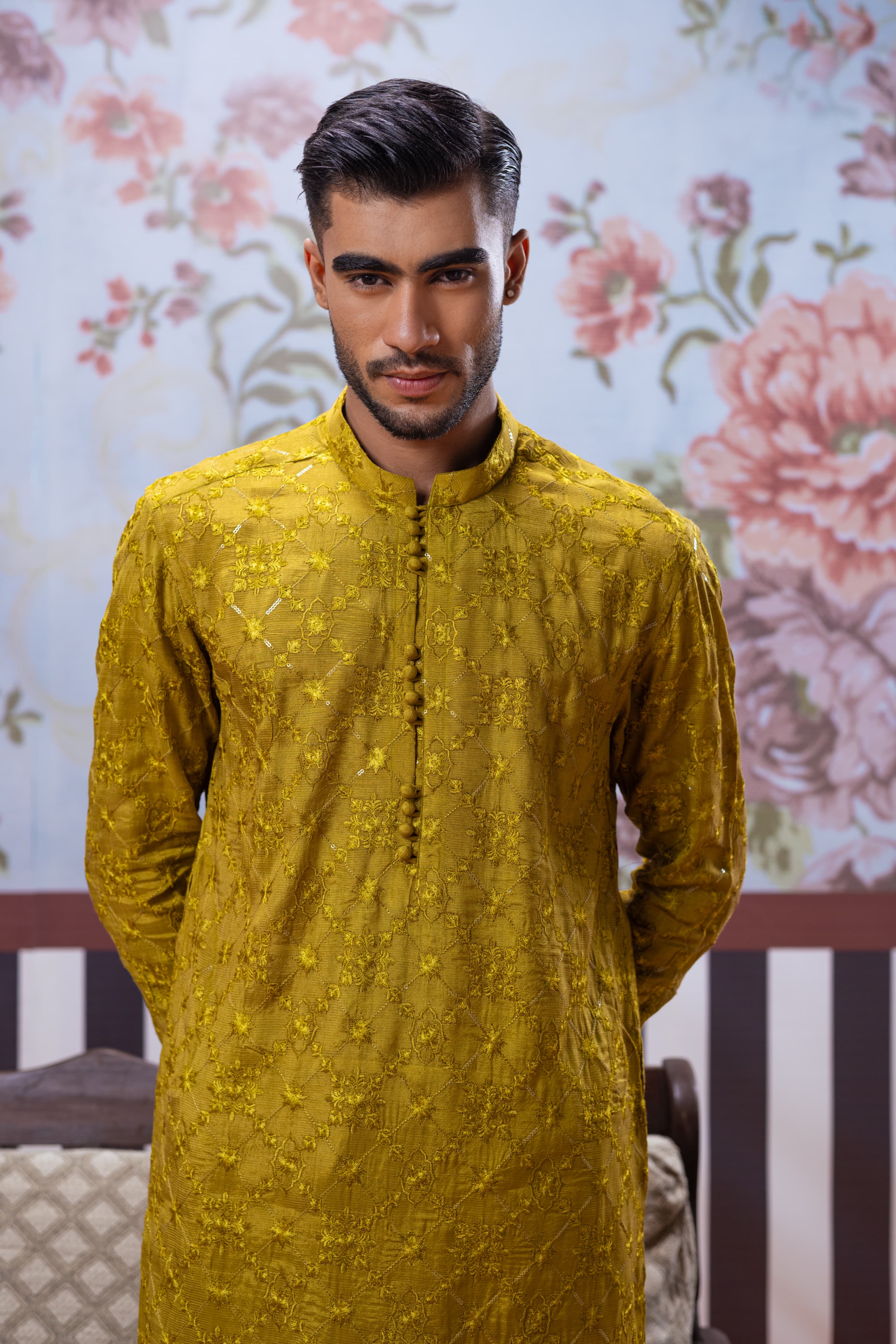 Muqabil - Mustard Embroidered Kurta Pajama