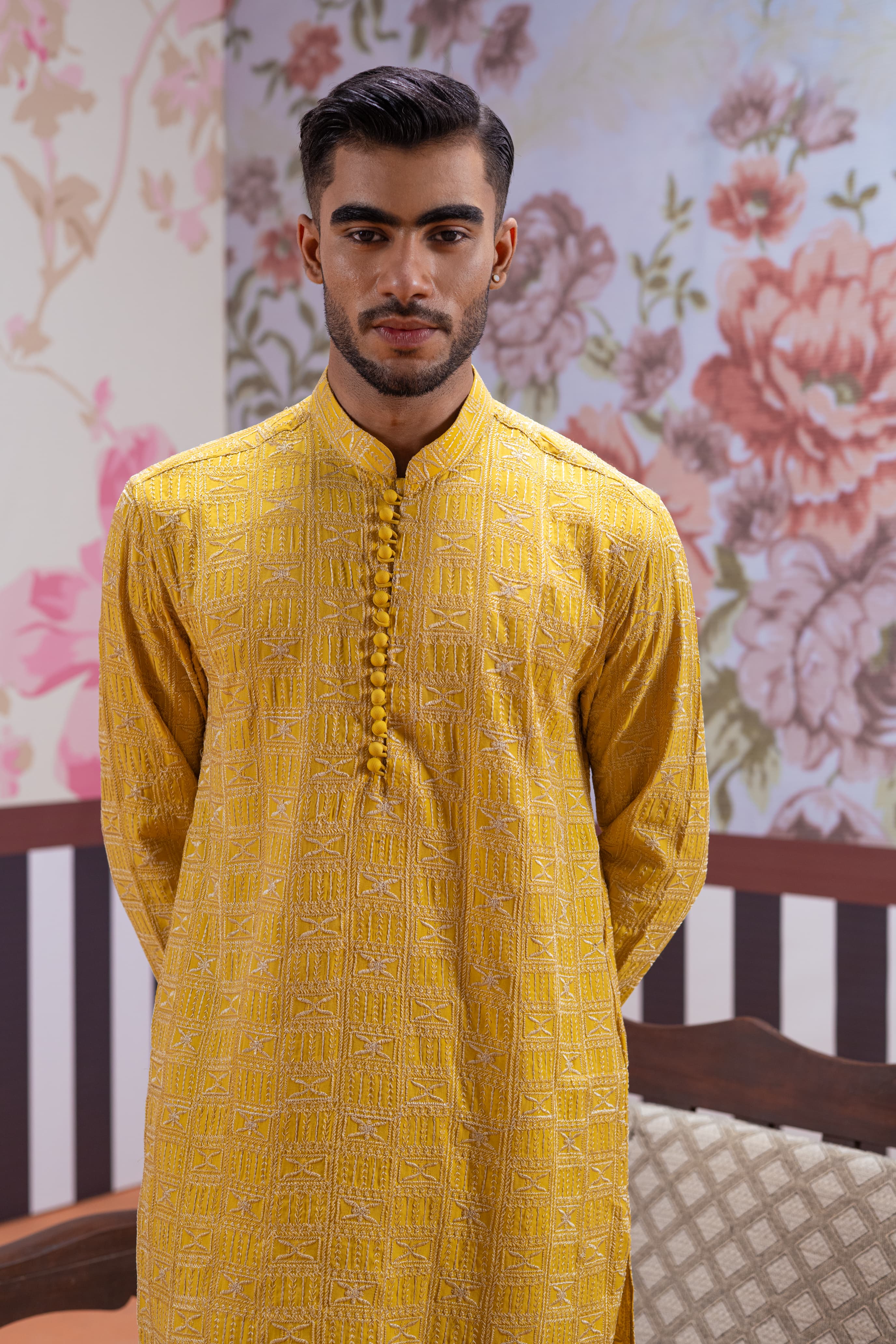 Muqabil - Tangerine Yellow Embroidered Kurta Pajama