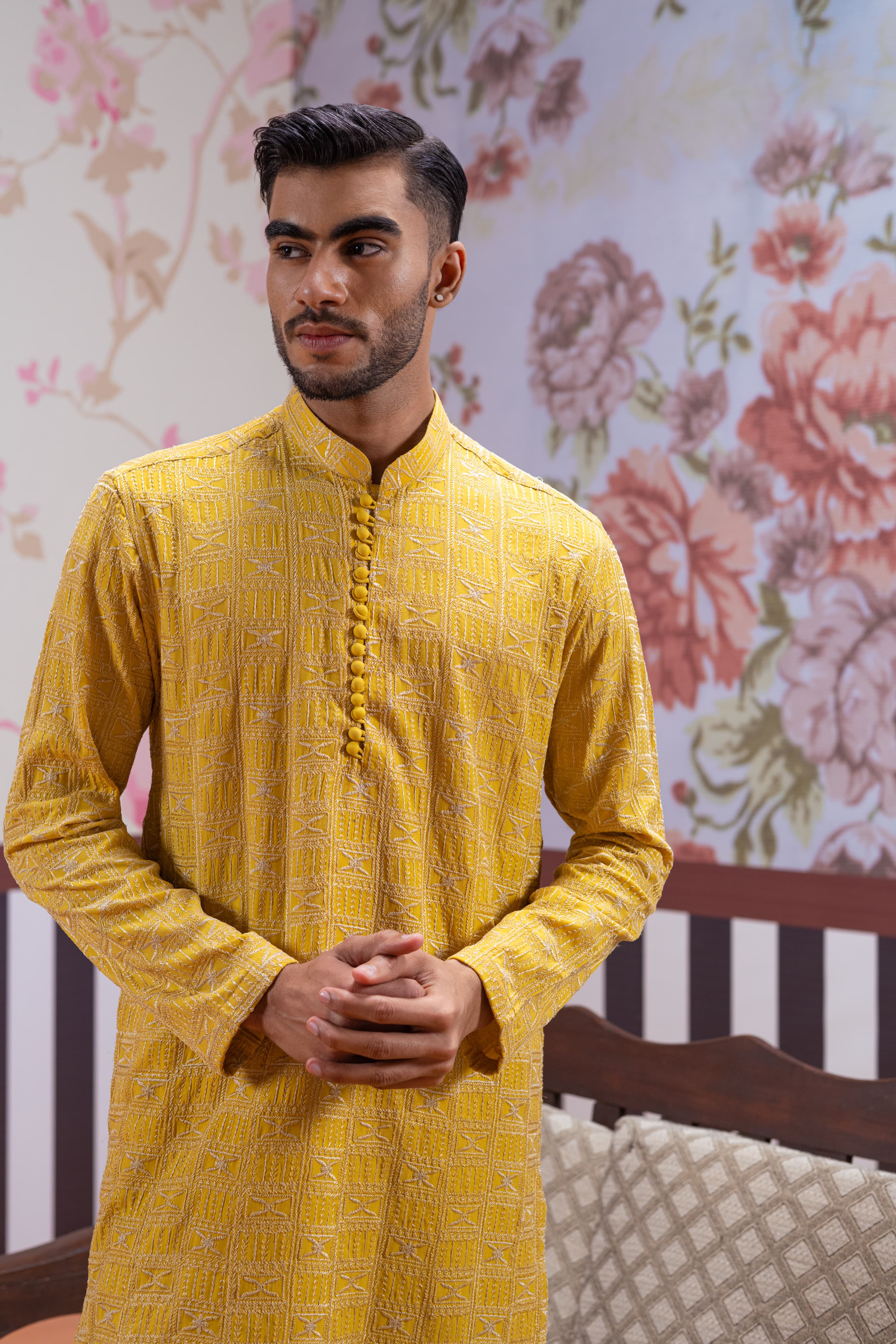 Muqabil - Tangerine Yellow Embroidered Kurta Pajama