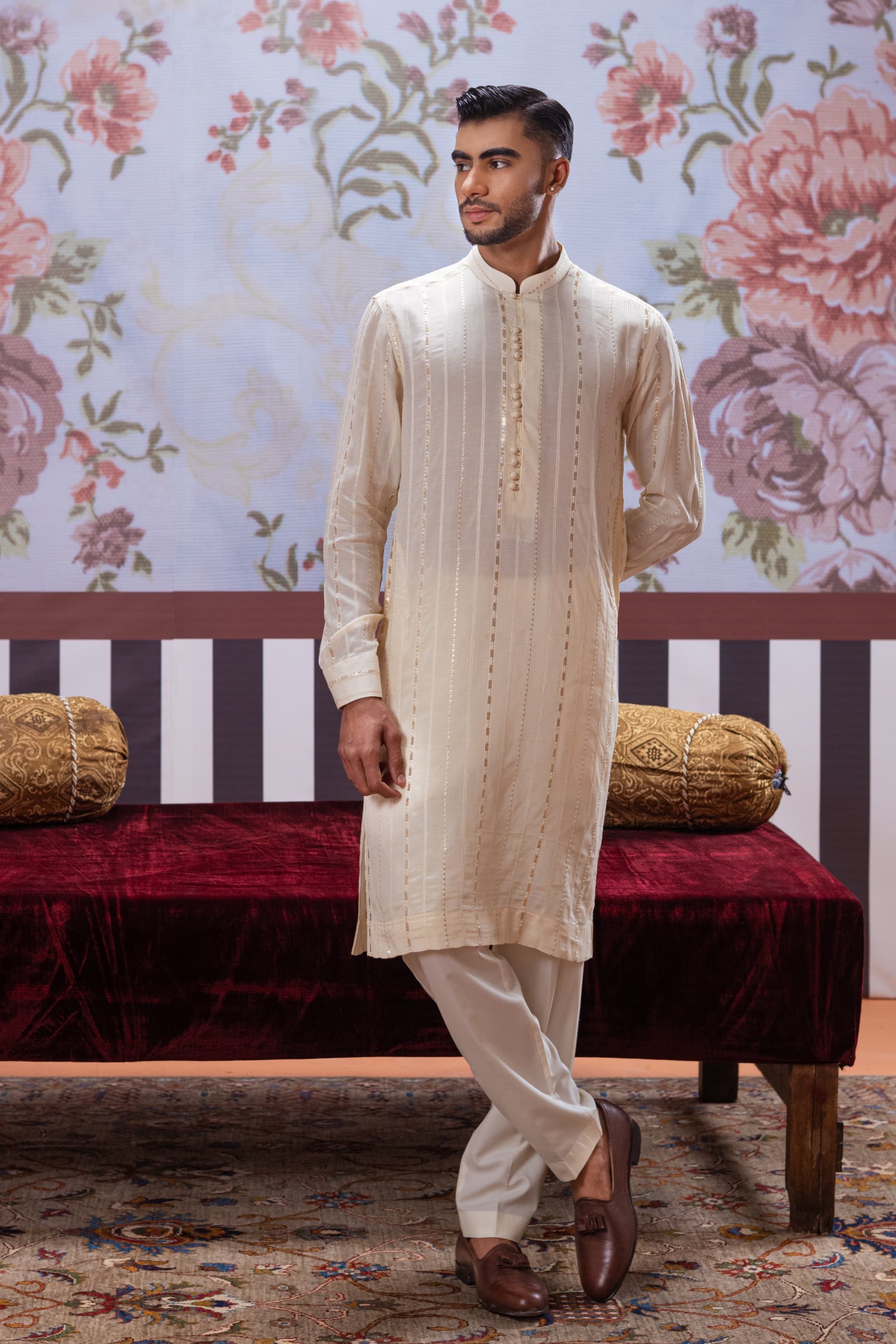 Muqabil - Ivory Embroidered Kurta Pajama