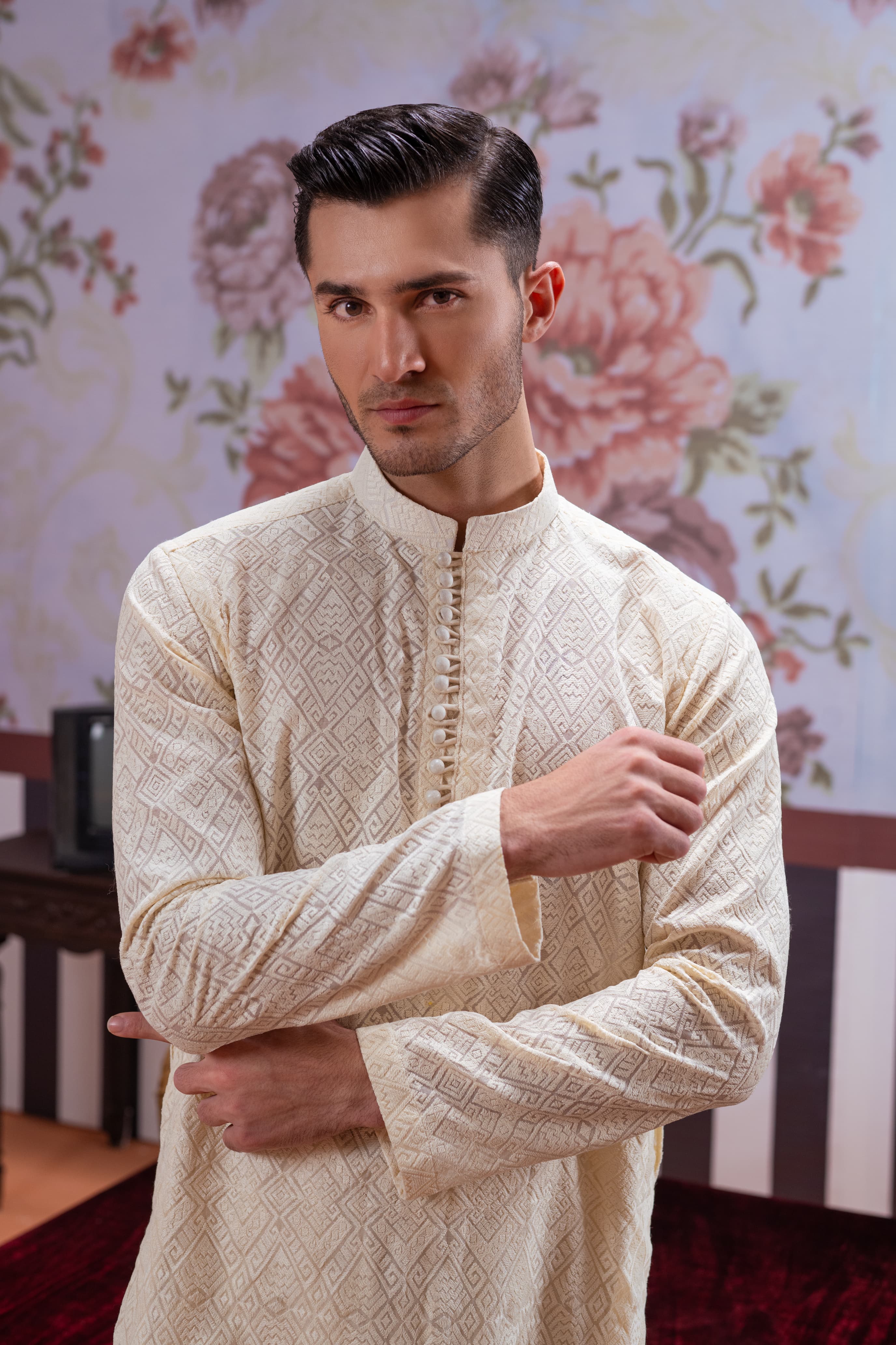 Muqabil - Ivory Embroidered Kurta Pajama