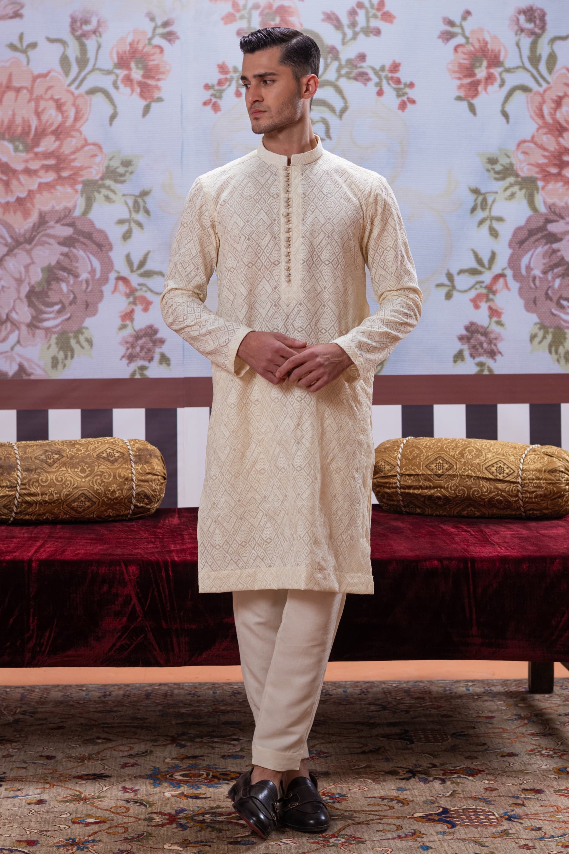 Muqabil - Ivory Embroidered Kurta Pajama