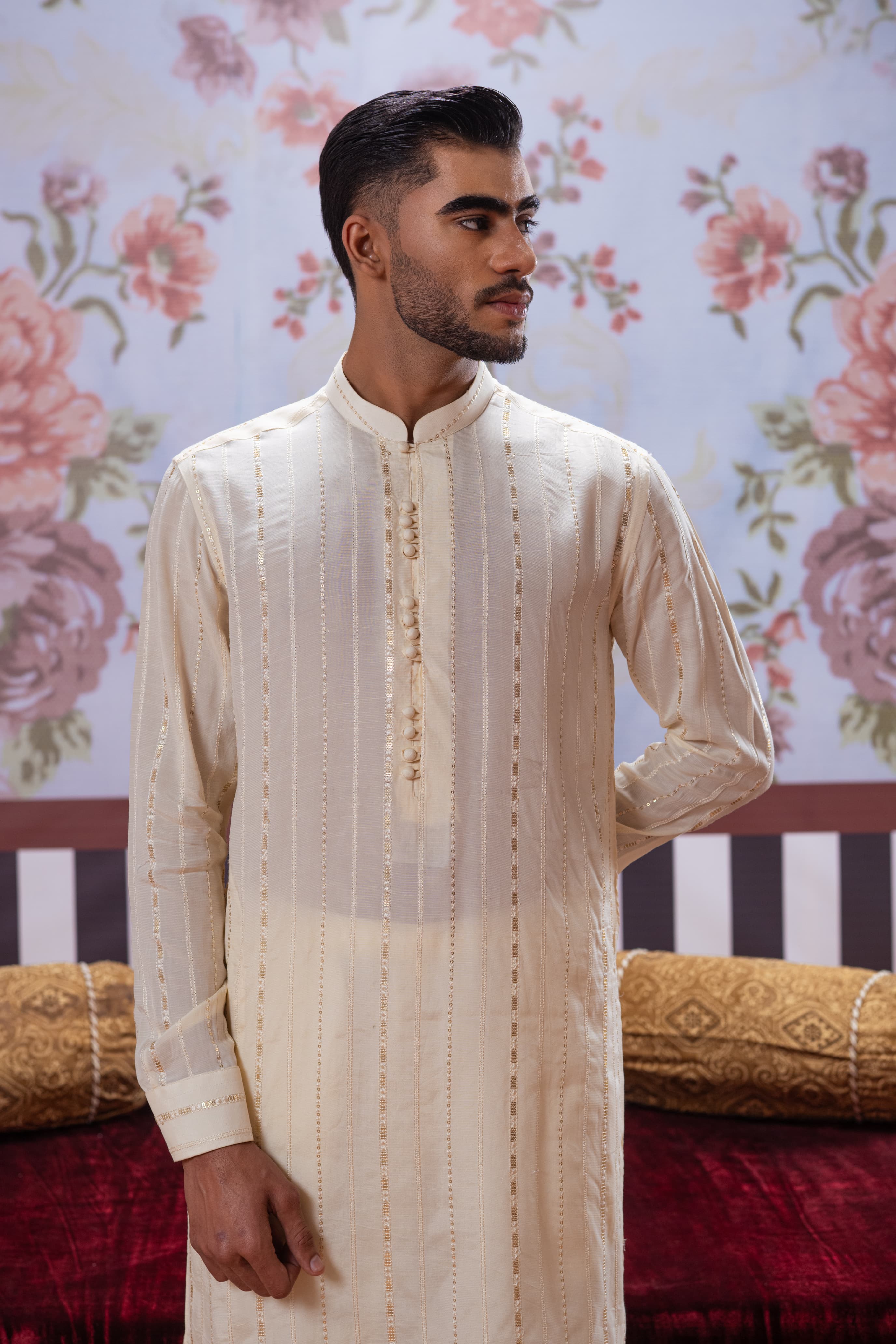 Muqabil - Ivory Embroidered Kurta Pajama
