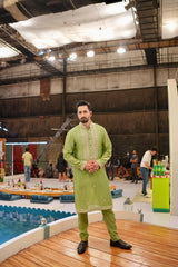 ED25 - Thyme Green Neck Embellished Kurta Pajama