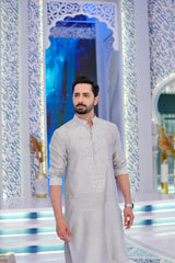 ED25 - Ash Gray Neck Embroidered Kurta Pajama