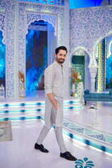 ED25 - Ash Gray Neck Embroidered Kurta Pajama
