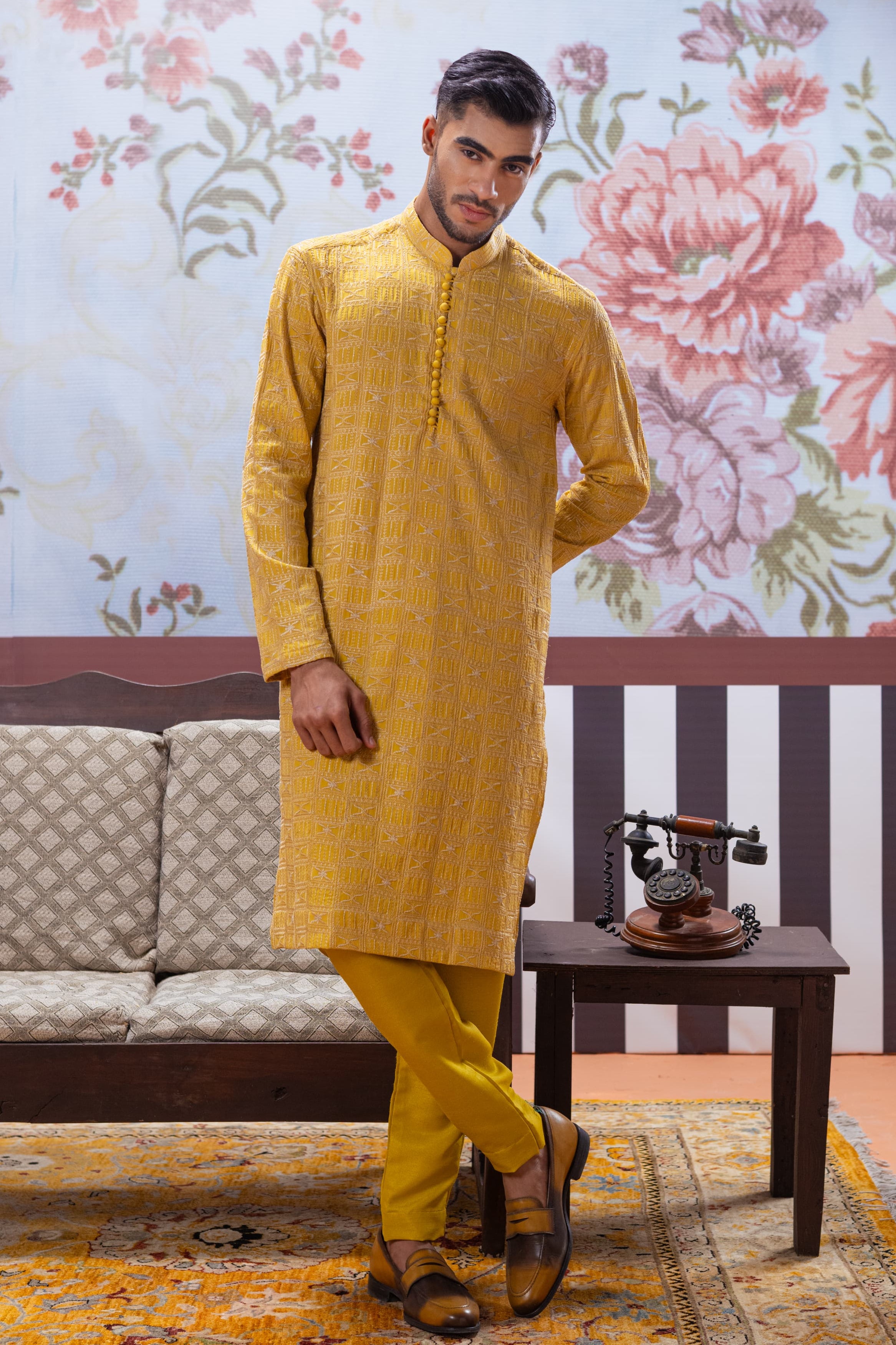 Muqabil - Tangerine Yellow Embroidered Kurta Pajama