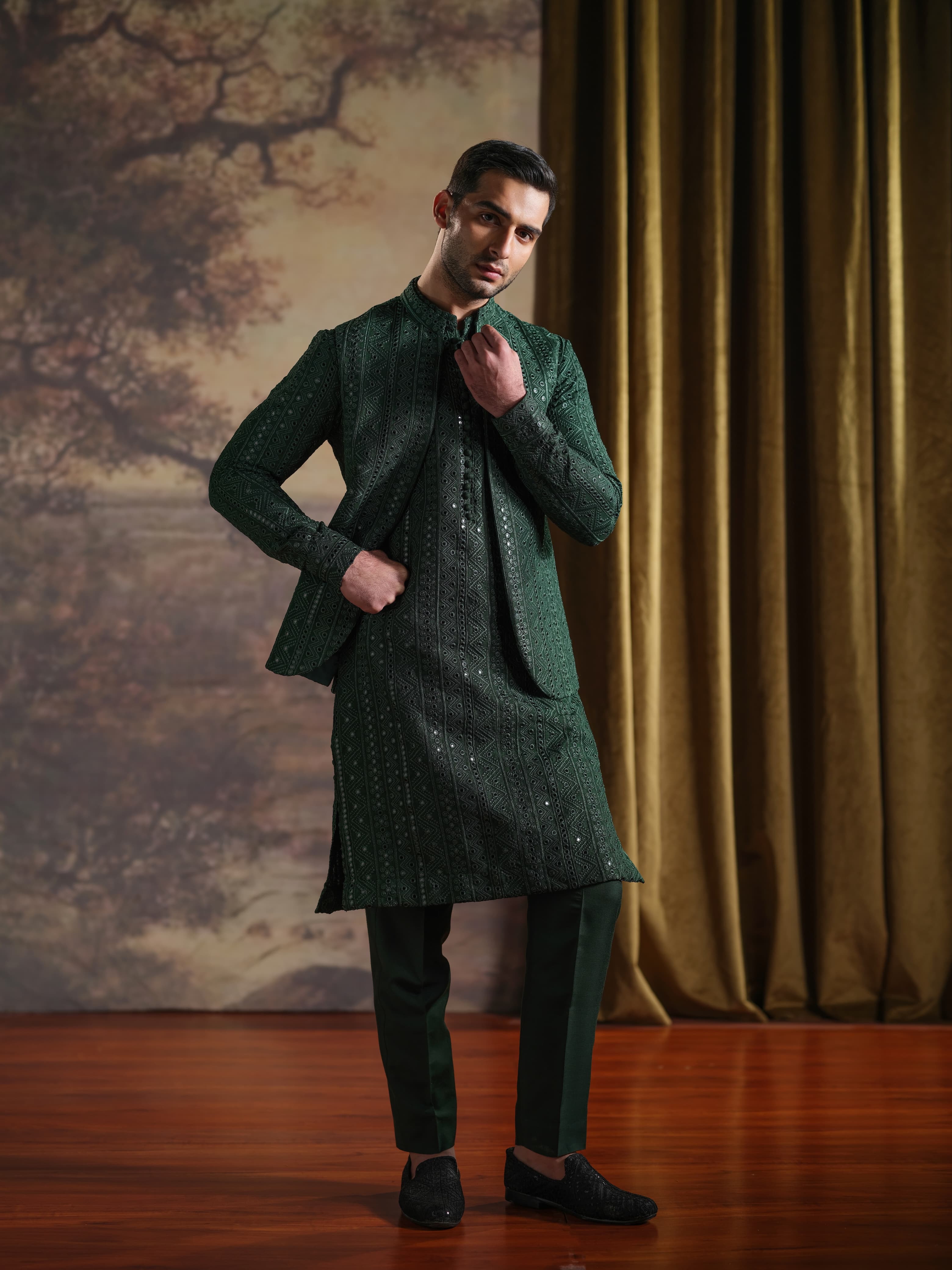 Musarrat - Dark Green Embroidered kurta pajama