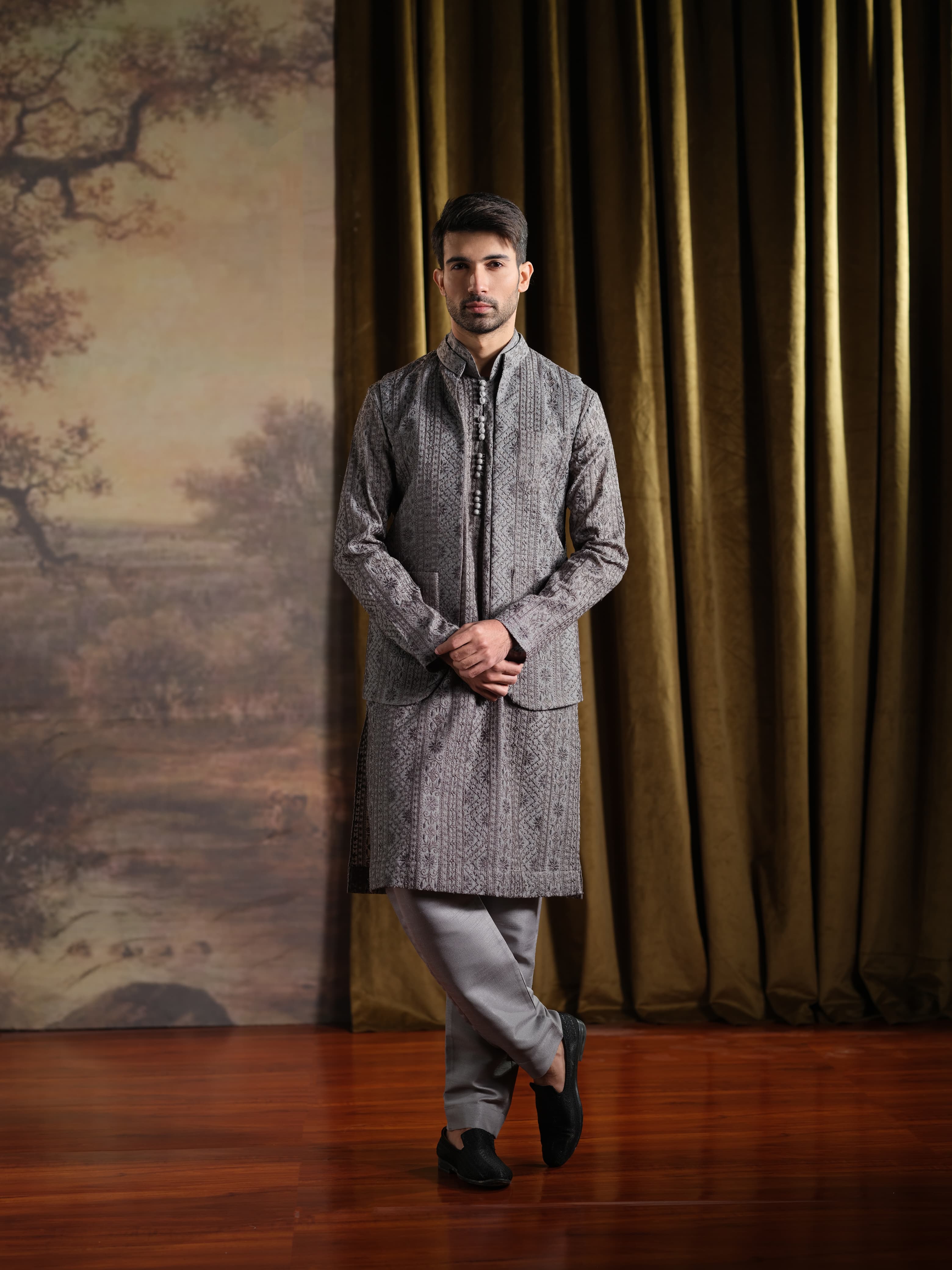 Musarrat - Gray Embroidered Kurta Pajama