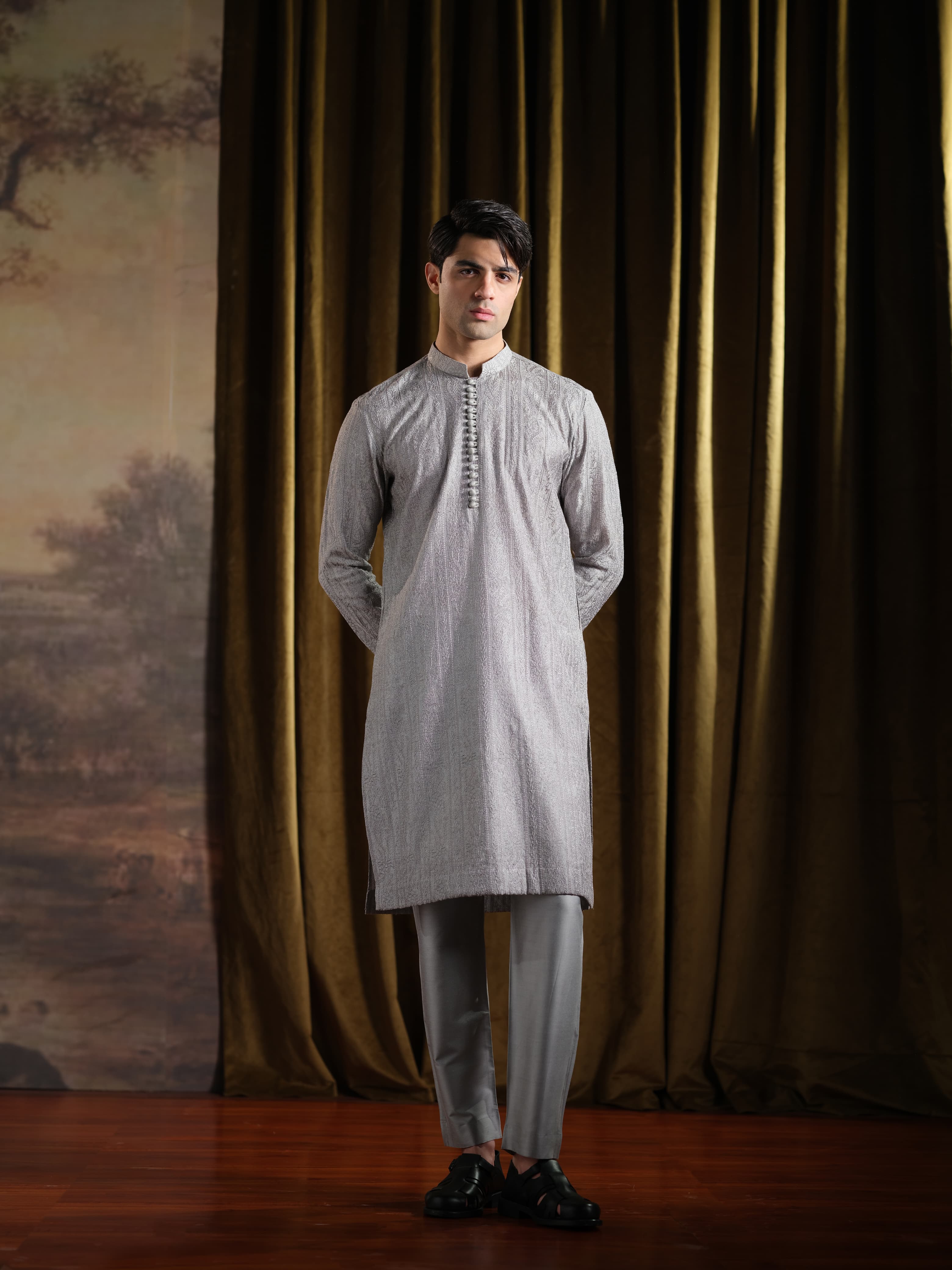 Musarrat - Ash Gray Emrbroidered Kurta Pajama