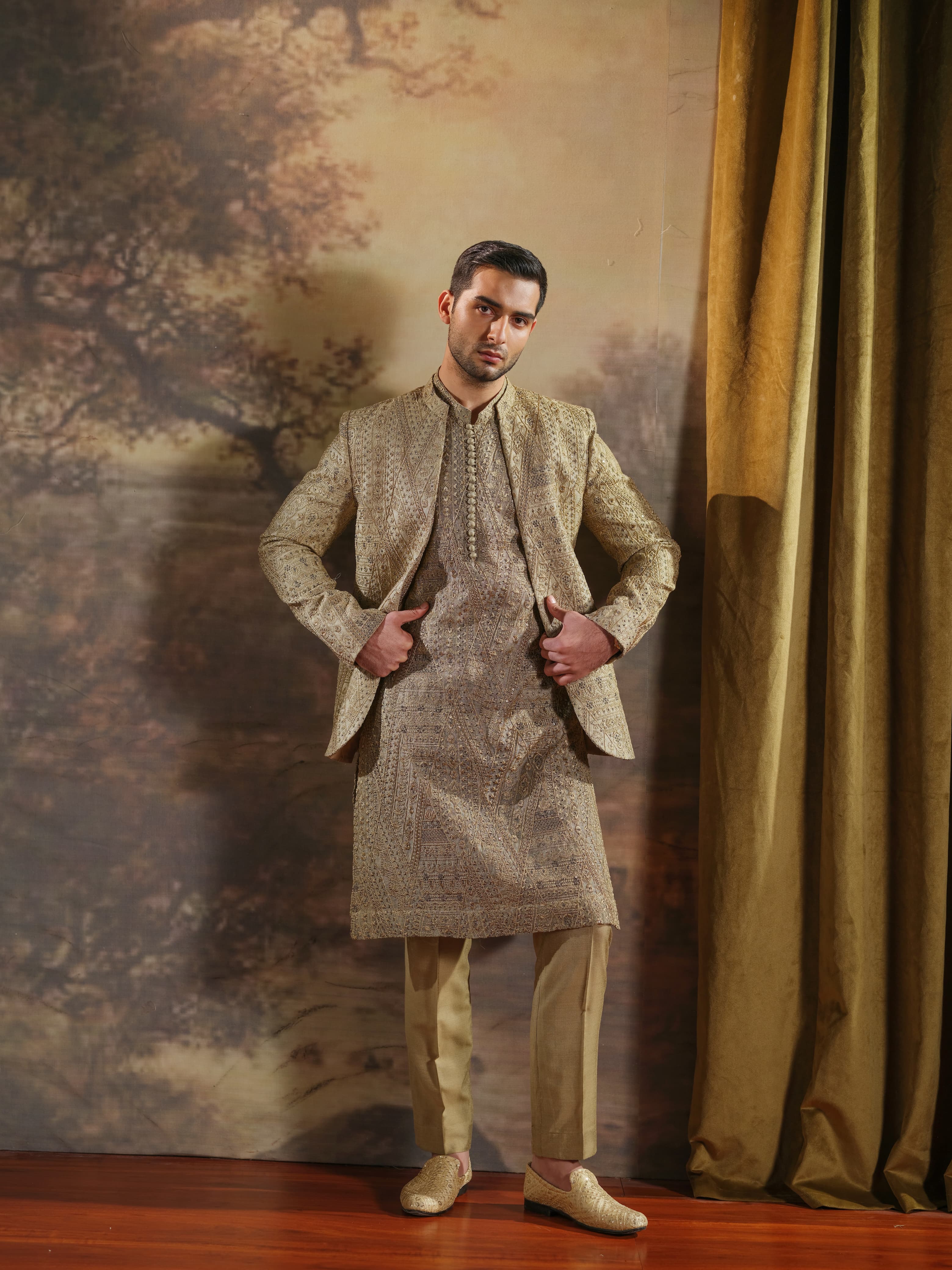 Musarrat - Khaki Embroidered Kurta Pajama