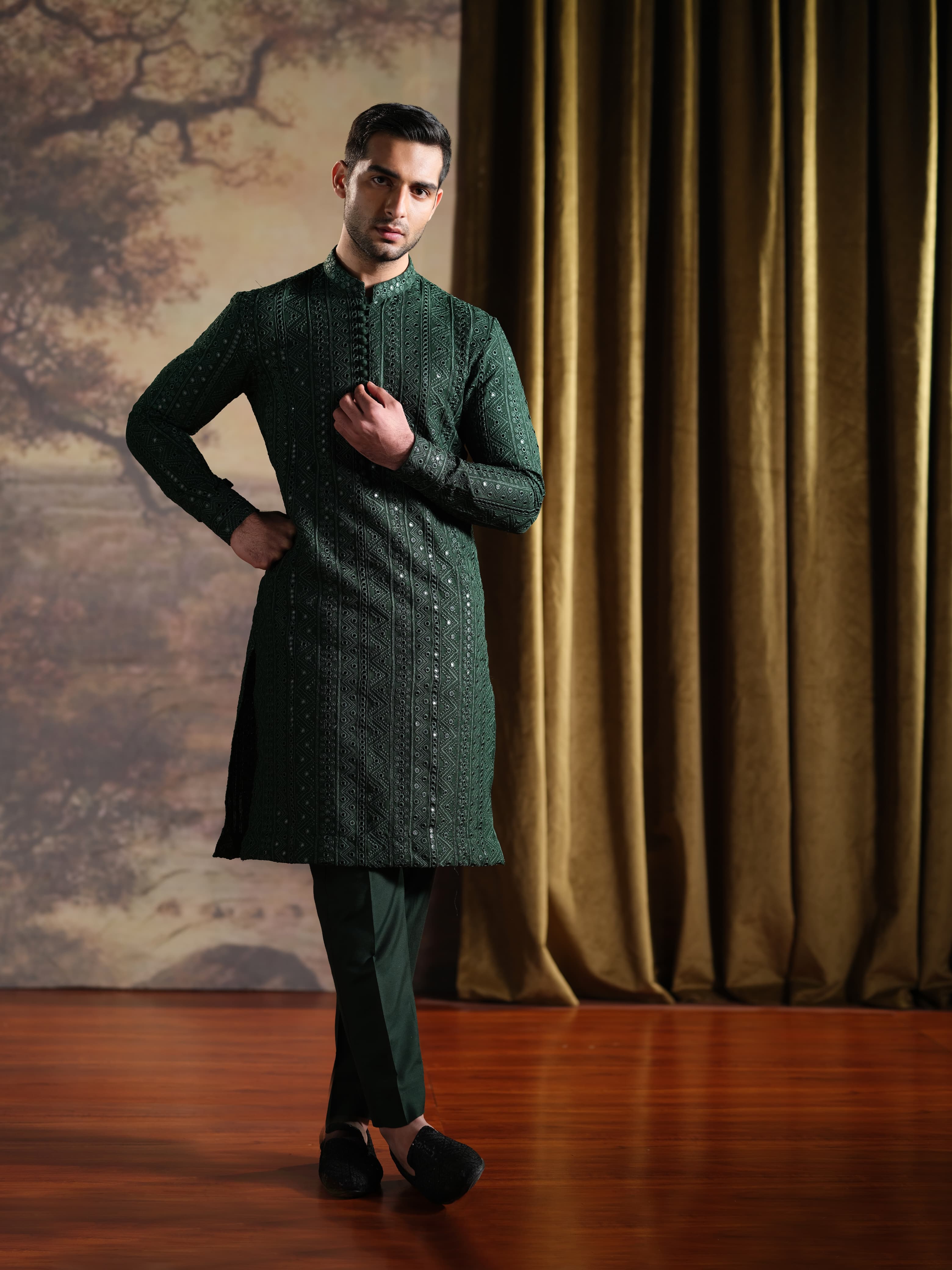 Musarrat - Dark Green Embroidered kurta pajama