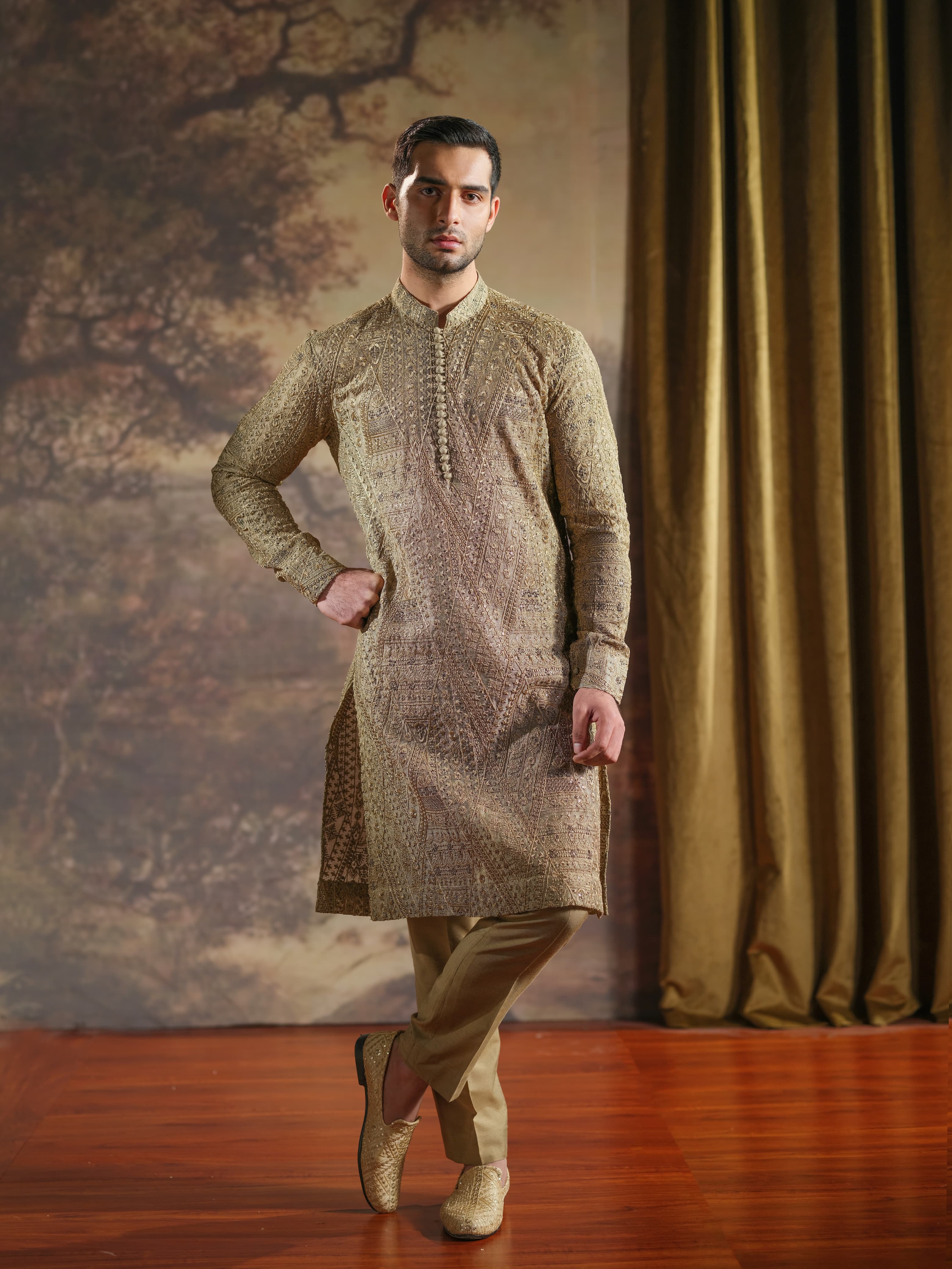 Musarrat - Khaki Embroidered Kurta Pajama