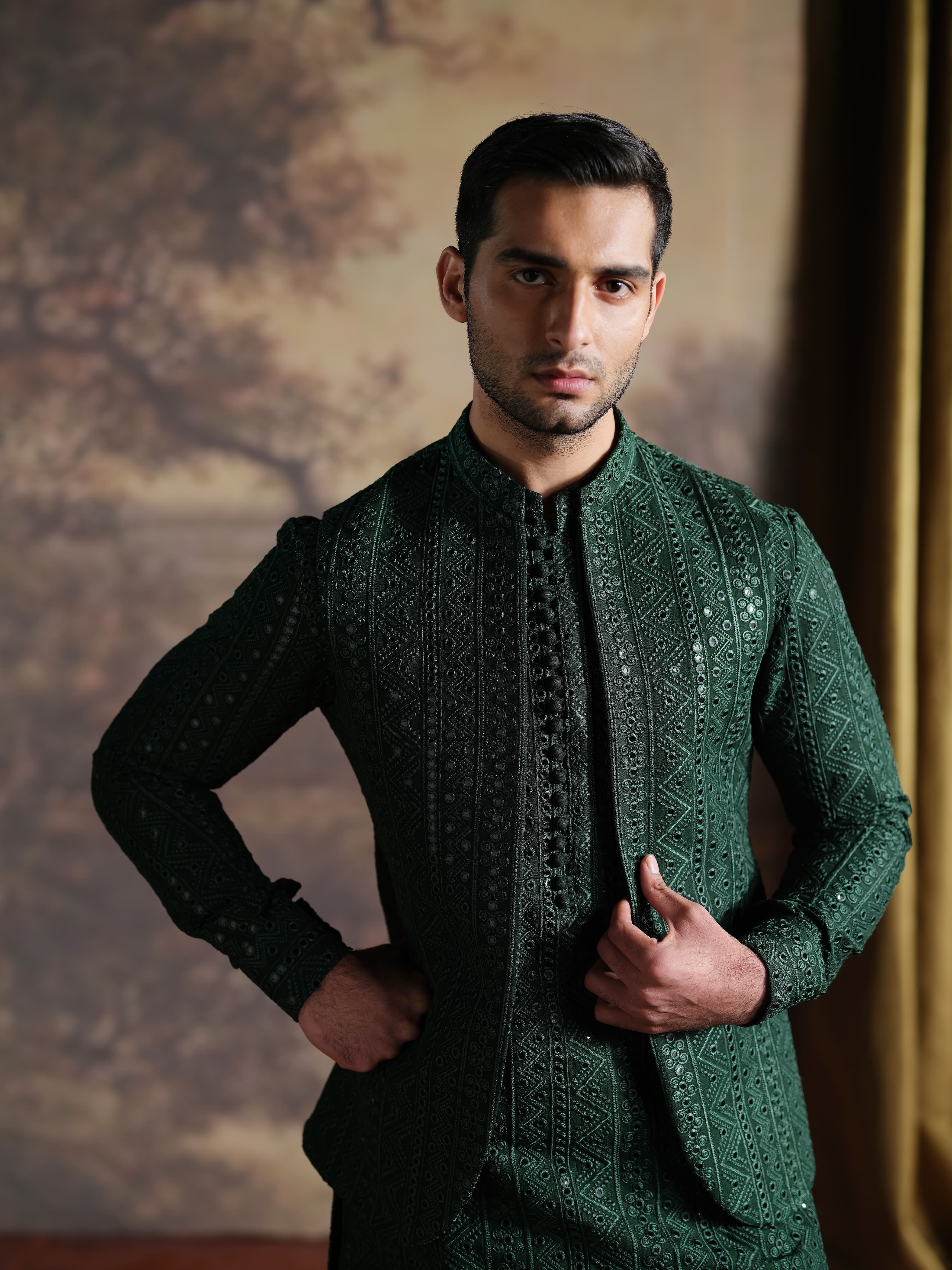 Musarrat - Dark Green Embroidered kurta pajama